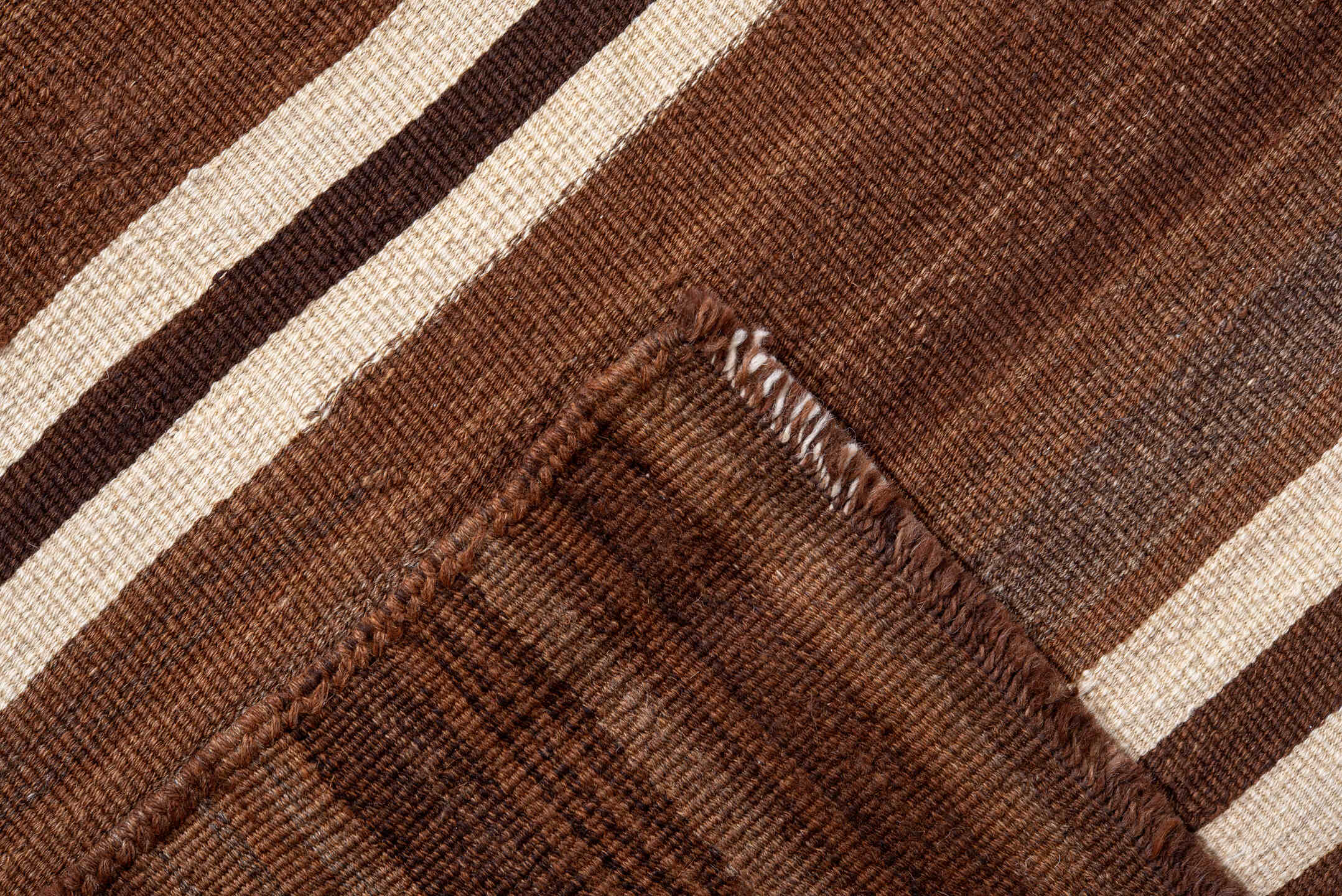 8' x 10' one-of-a-kind handmade vintage Kilim large size rug. Color palette: brown, ivory, espresso, taupe, black, beige