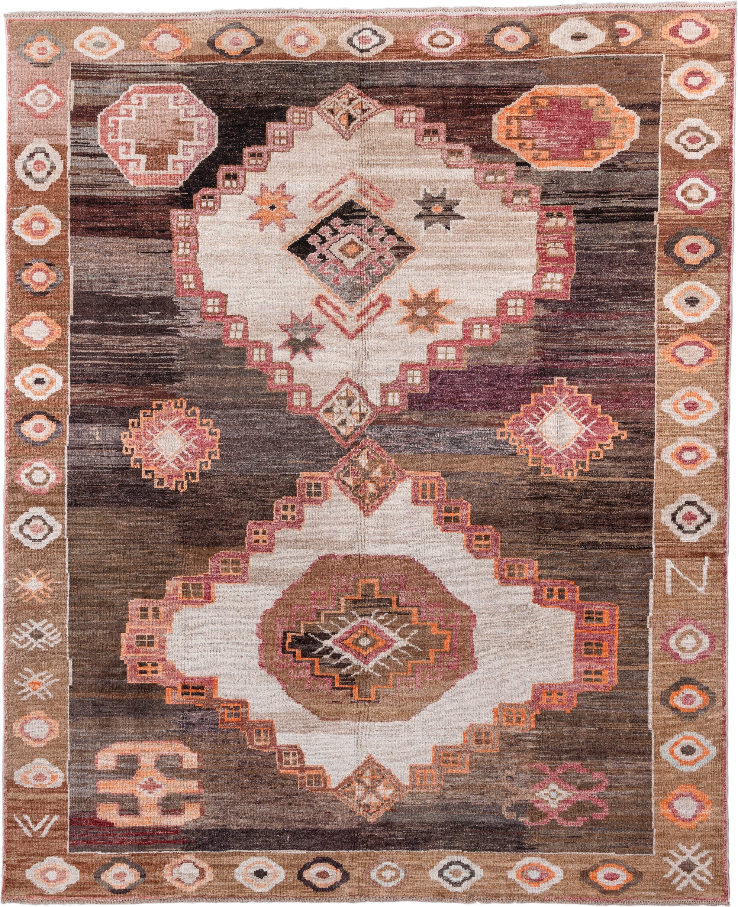 10' x 12' one-of-a-kind handmade vintage Kars large size rug. Color palette: brown, ivory, taupe, rose, rust, charcoal