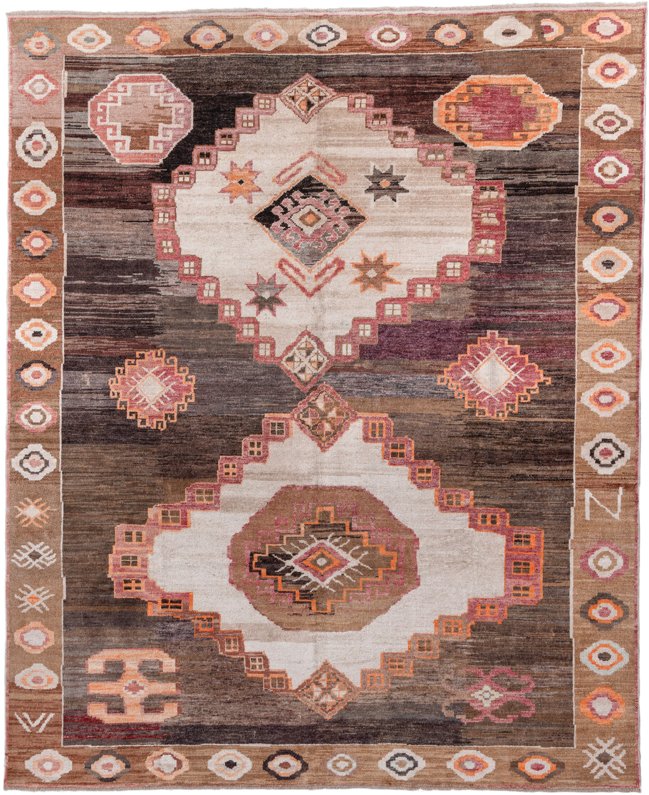 10' x 12' one-of-a-kind handmade vintage Kars large size rug. Color palette: brown, ivory, taupe, rose, rust, charcoal