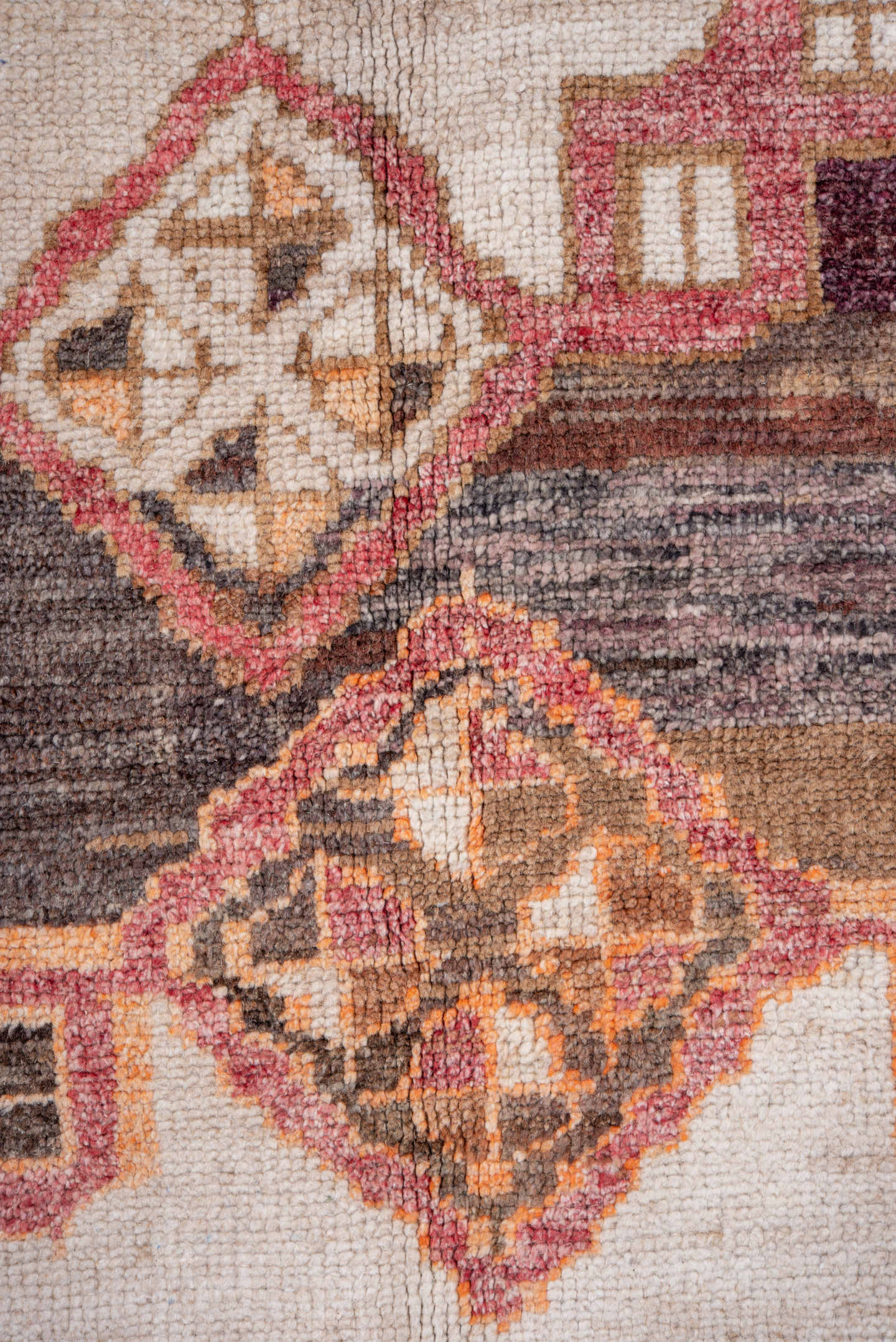 10' x 12' one-of-a-kind handmade vintage Kars large size rug. Color palette: brown, ivory, taupe, rose, rust, charcoal