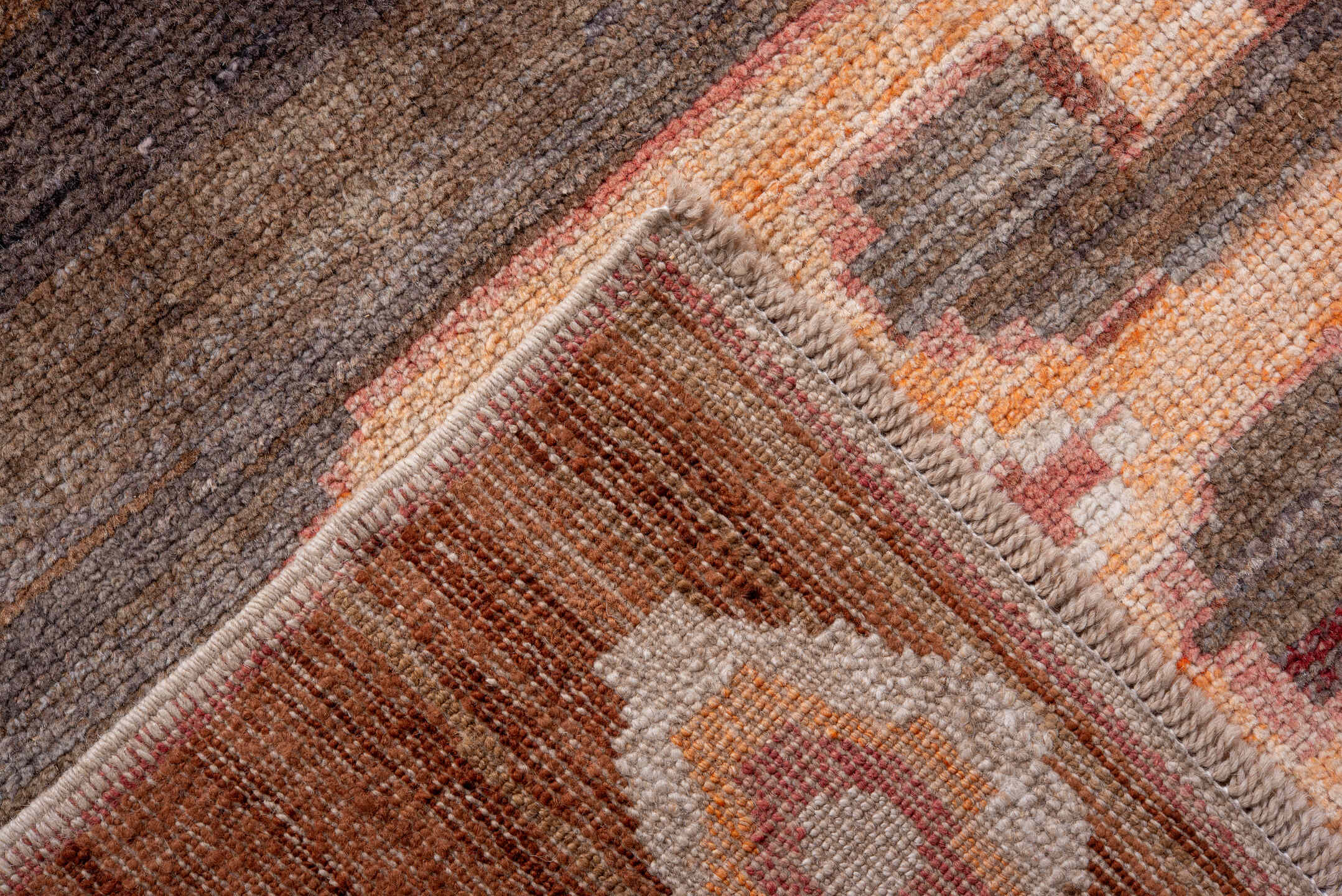 10' x 12' one-of-a-kind handmade vintage Kars large size rug. Color palette: brown, ivory, taupe, rose, rust, charcoal