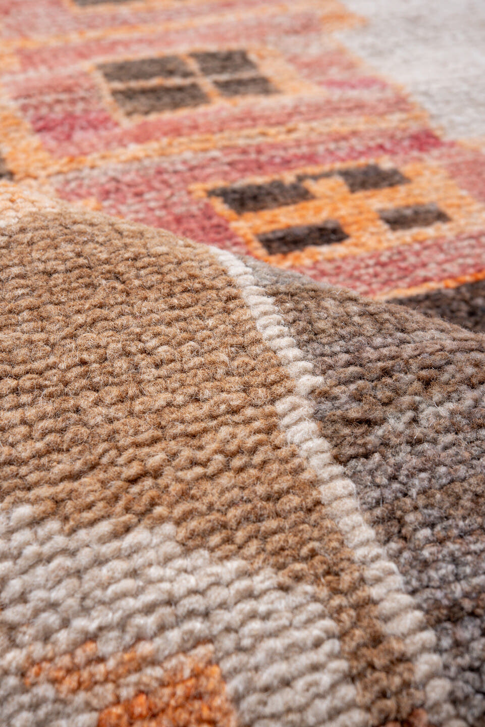 10' x 12' one-of-a-kind handmade vintage Kars large size rug. Color palette: brown, ivory, taupe, rose, rust, charcoal