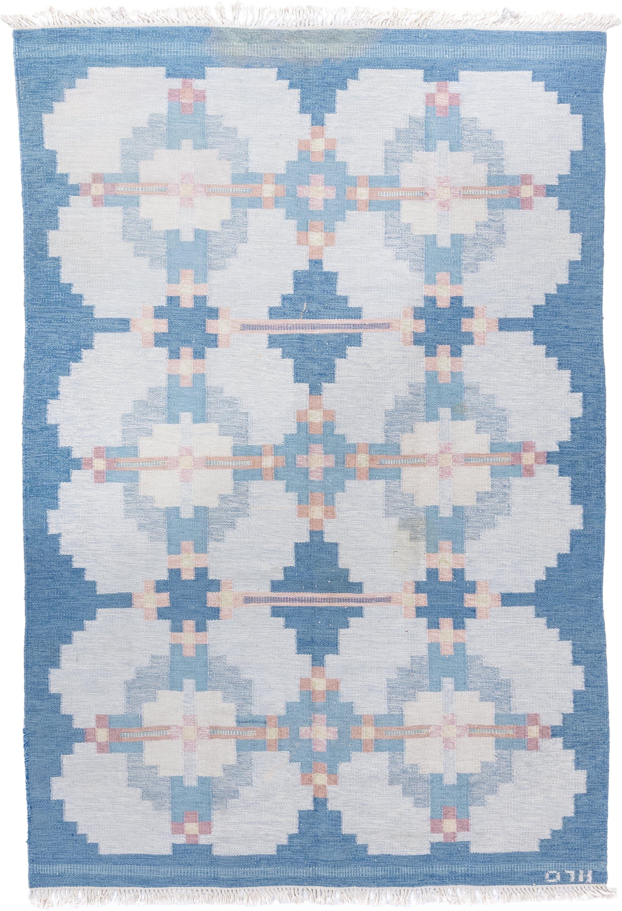 6' x 9' one-of-a-kind handmade vintage Rollaken medium size rug. Color palette: sky blue, ivory, pale blue, blush, cream