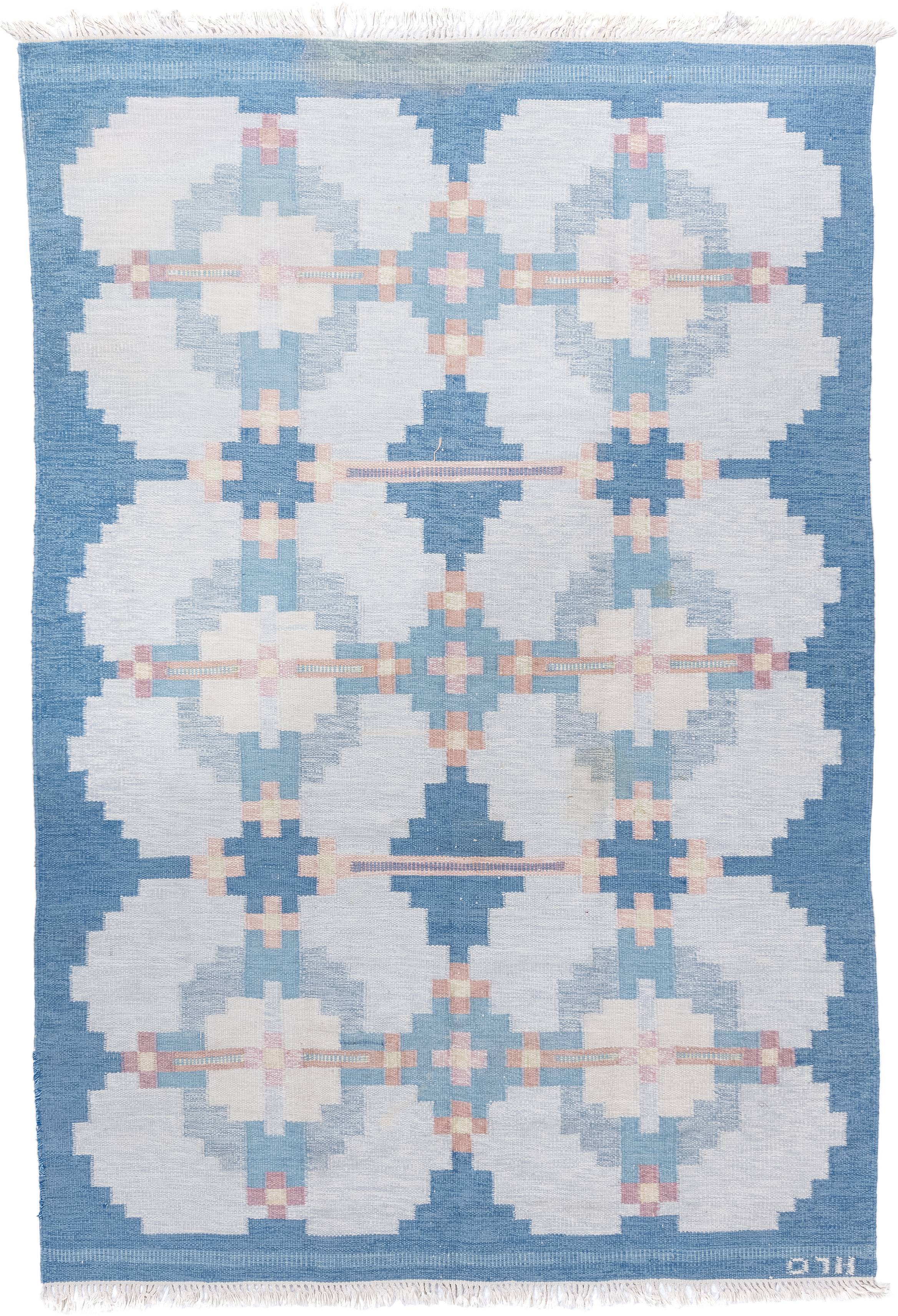 6' x 9' one-of-a-kind handmade vintage Rollaken medium size rug. Color palette: sky blue, ivory, pale blue, blush, cream