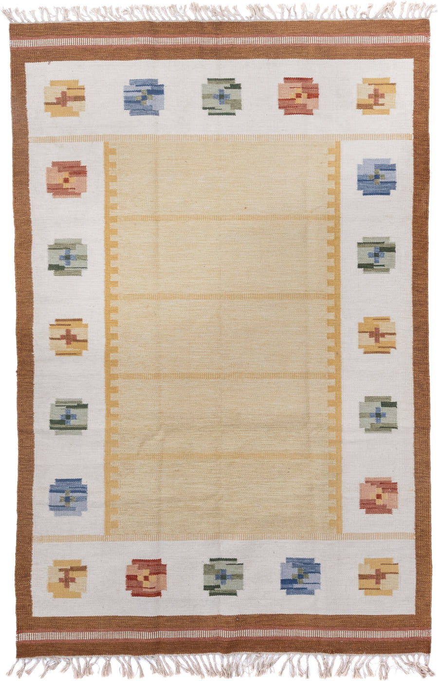 6' x 10' one-of-a-kind handmade antique Rollaken large size rug. Color palette: ivory, camel, gold, powder_blue, sage, rose