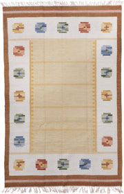 6' x 10' one-of-a-kind handmade antique Rollaken large size rug. Color palette: ivory, camel, gold, powder_blue, sage, rose