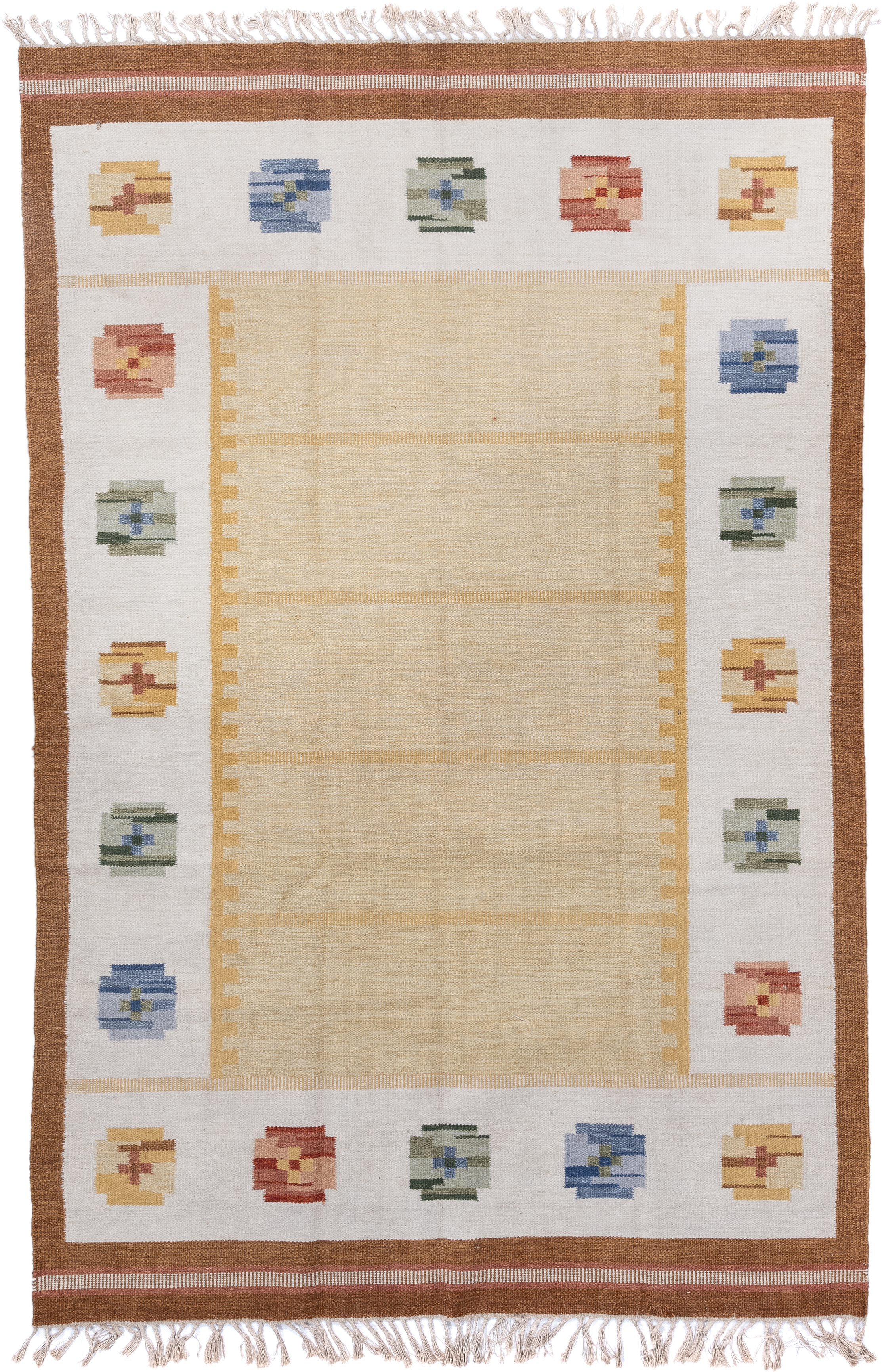 6' x 10' one-of-a-kind handmade antique Rollaken large size rug. Color palette: ivory, camel, gold, powder_blue, sage, rose