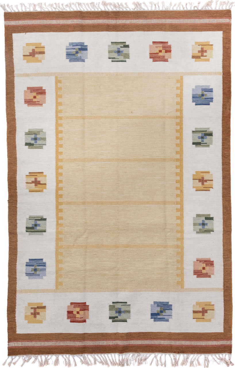 6' x 10' one-of-a-kind handmade antique Rollaken large size rug. Color palette: ivory, camel, gold, powder_blue, sage, rose