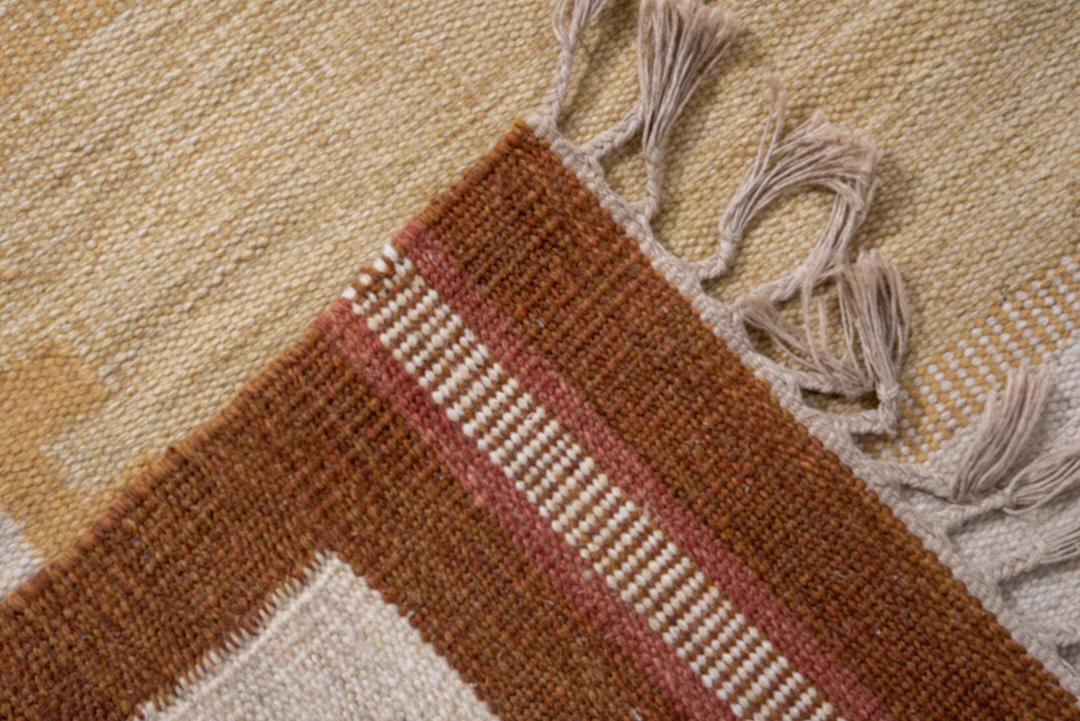 6' x 10' one-of-a-kind handmade antique Rollaken large size rug. Color palette: ivory, camel, gold, powder_blue, sage, rose