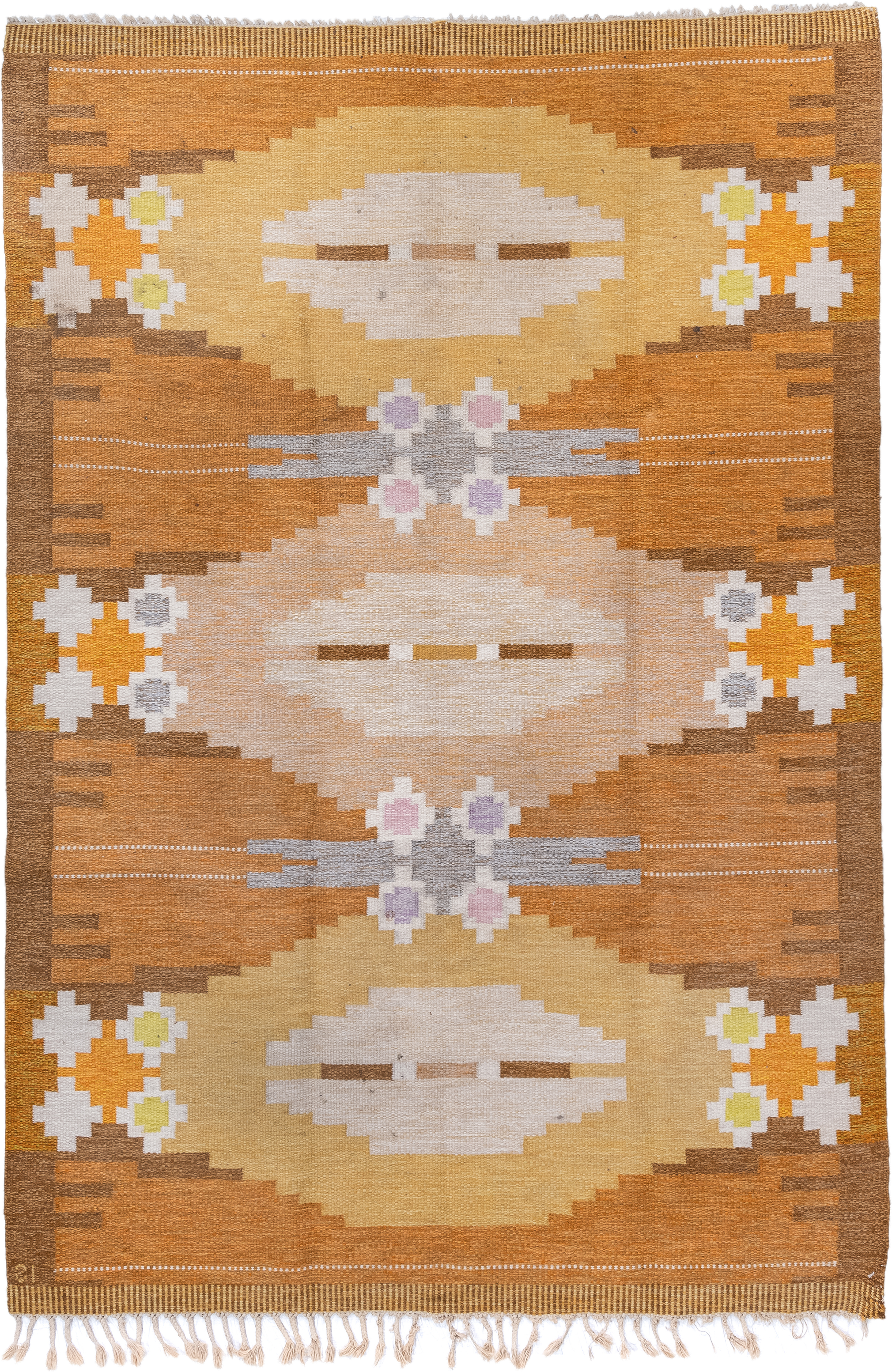 6' x 9' one-of-a-kind handmade antique Rollaken medium size rug. Color palette: camel, ochre, ivory, taupe, saffron, brown