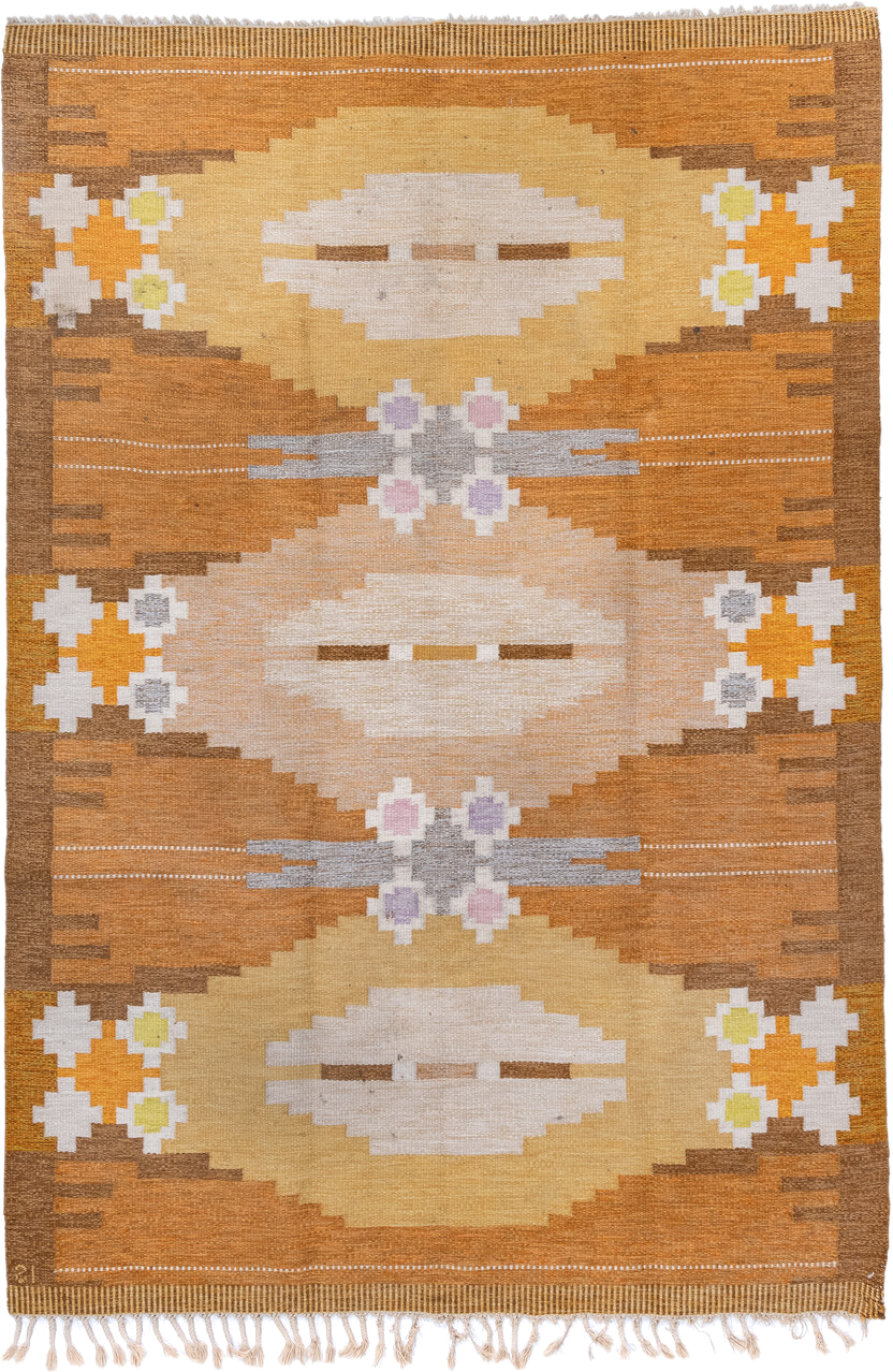 6' x 9' one-of-a-kind handmade antique Rollaken medium size rug. Color palette: camel, ochre, ivory, taupe, saffron, brown