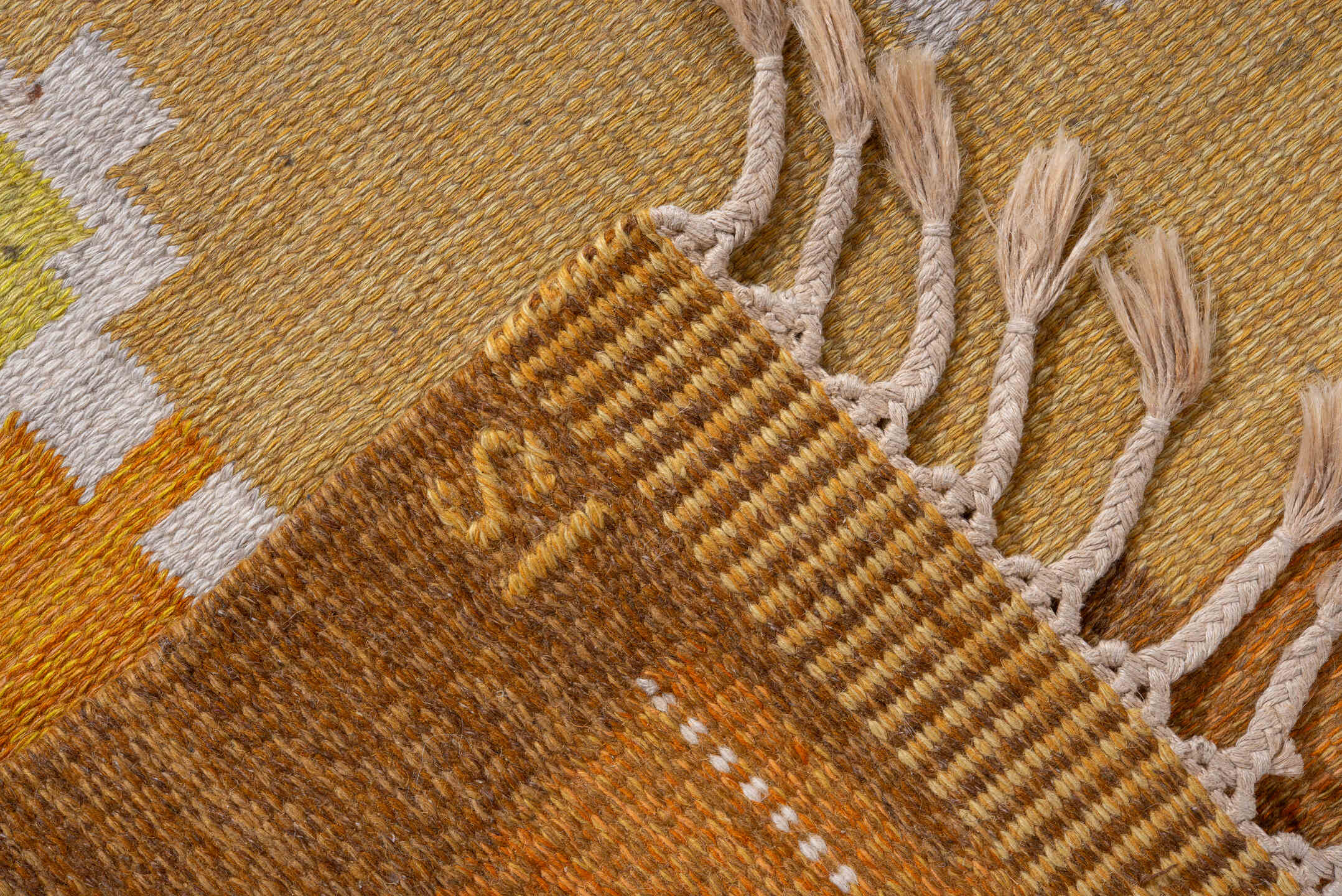 6' x 9' one-of-a-kind handmade antique Rollaken medium size rug. Color palette: camel, ochre, ivory, taupe, saffron, brown
