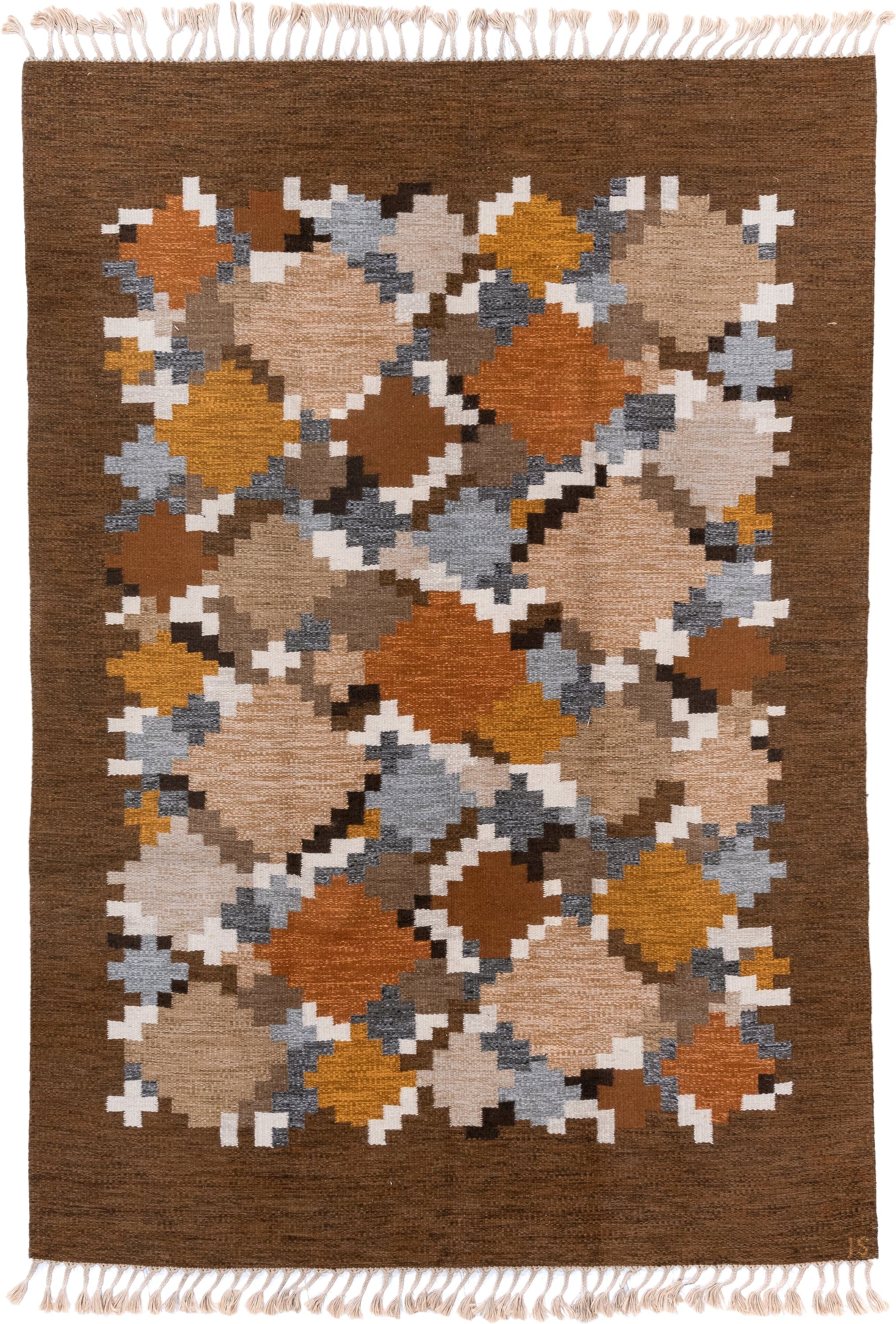 6' x 9' one-of-a-kind handmade antique Rollaken medium size rug. Color palette: brown, camel, ivory, rust, ochre, taupe