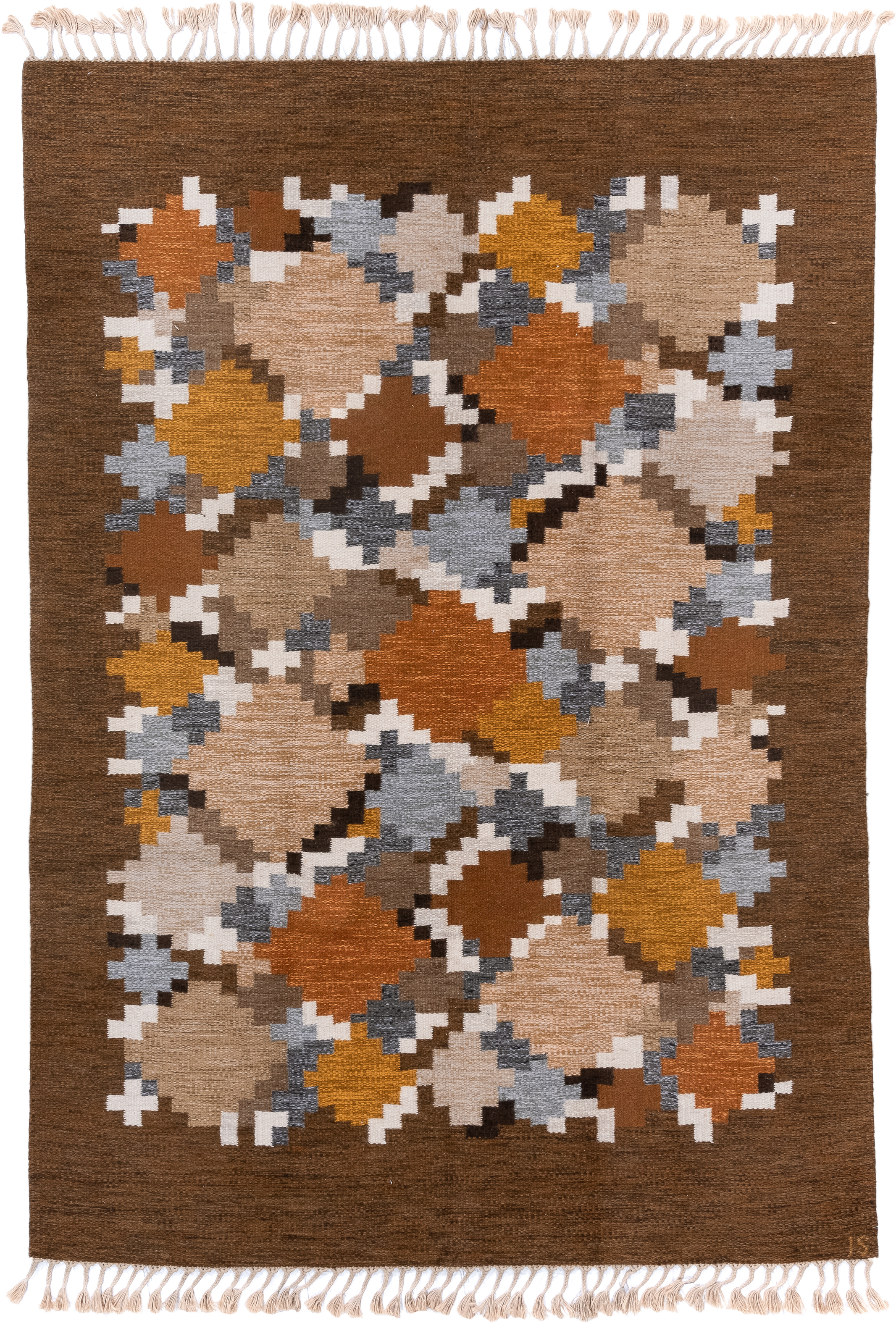 6' x 9' one-of-a-kind handmade antique Rollaken medium size rug. Color palette: brown, camel, ivory, rust, ochre, taupe