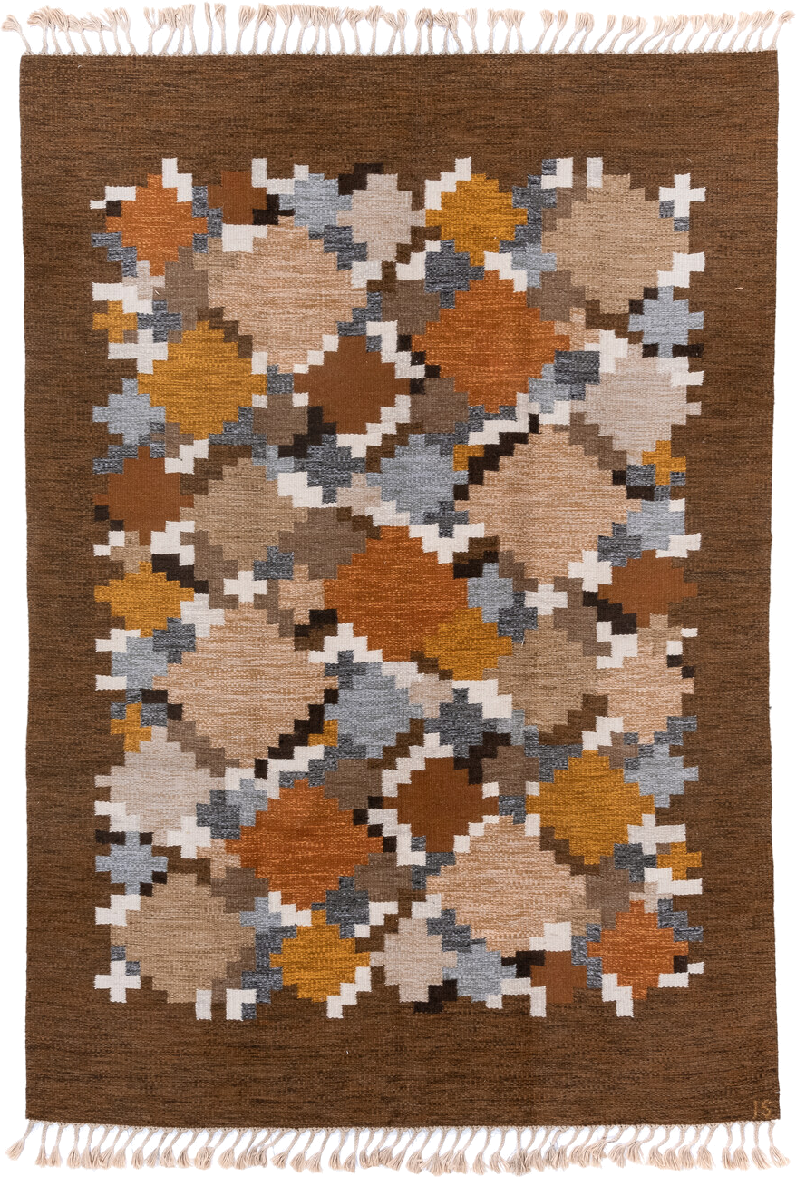 6' x 9' one-of-a-kind handmade antique Rollaken medium size rug. Color palette: brown, camel, ivory, rust, ochre, taupe