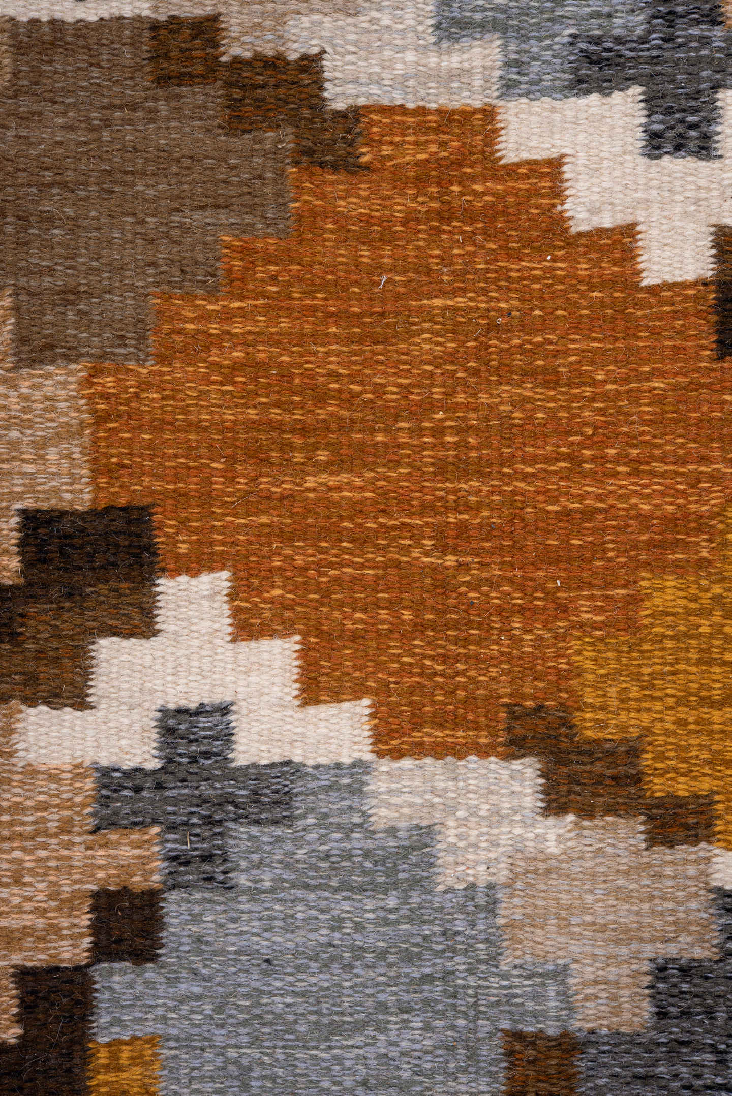 6' x 9' one-of-a-kind handmade antique Rollaken medium size rug. Color palette: brown, camel, ivory, rust, ochre, taupe