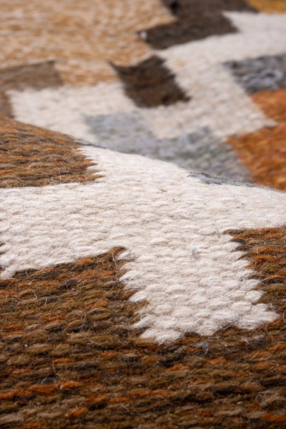 6' x 9' one-of-a-kind handmade antique Rollaken medium size rug. Color palette: brown, camel, ivory, rust, ochre, taupe