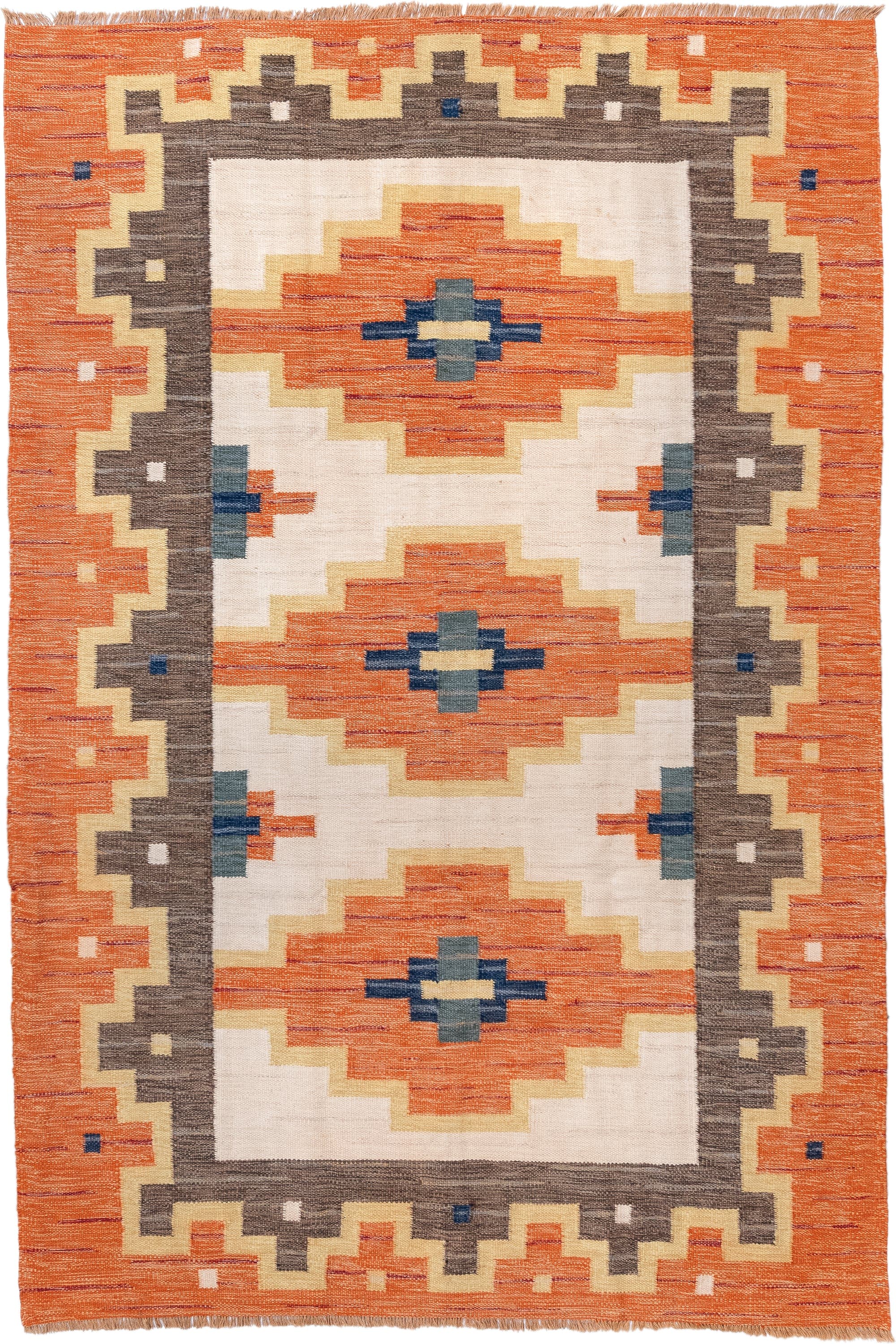 6' x 9' one-of-a-kind handmade antique Rollaken medium size rug. Color palette: orange, ivory, taupe, gold, navy, slate