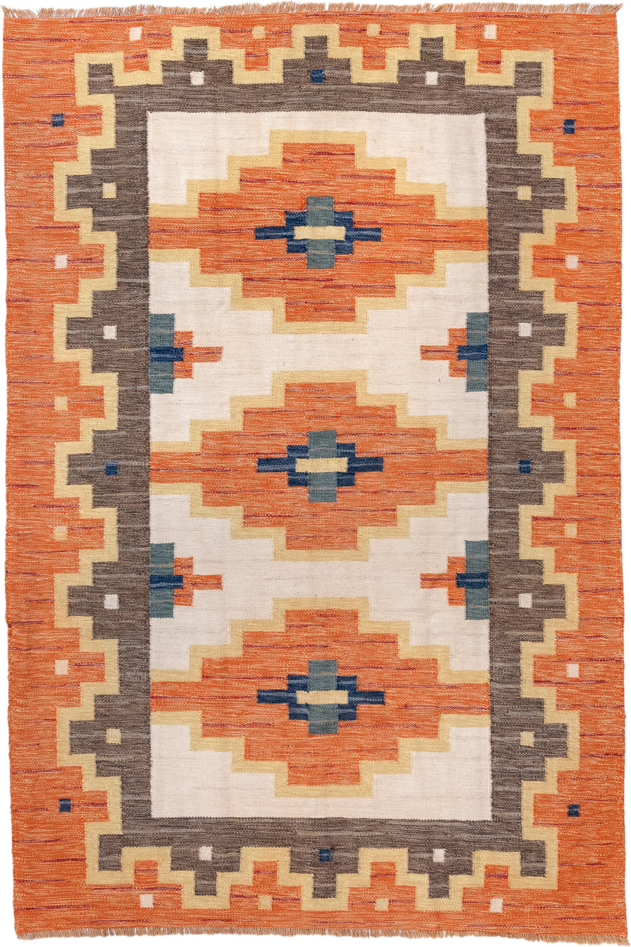 6' x 9' one-of-a-kind handmade antique Rollaken medium size rug. Color palette: orange, ivory, taupe, gold, navy, slate