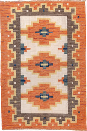 6' x 9' one-of-a-kind handmade antique Rollaken medium size rug. Color palette: orange, ivory, taupe, gold, navy, slate