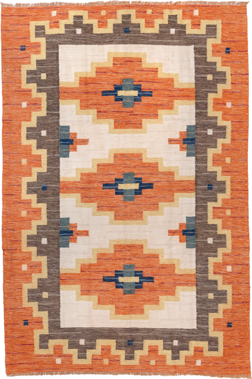 6' x 9' one-of-a-kind handmade antique Rollaken medium size rug. Color palette: orange, ivory, taupe, gold, navy, slate