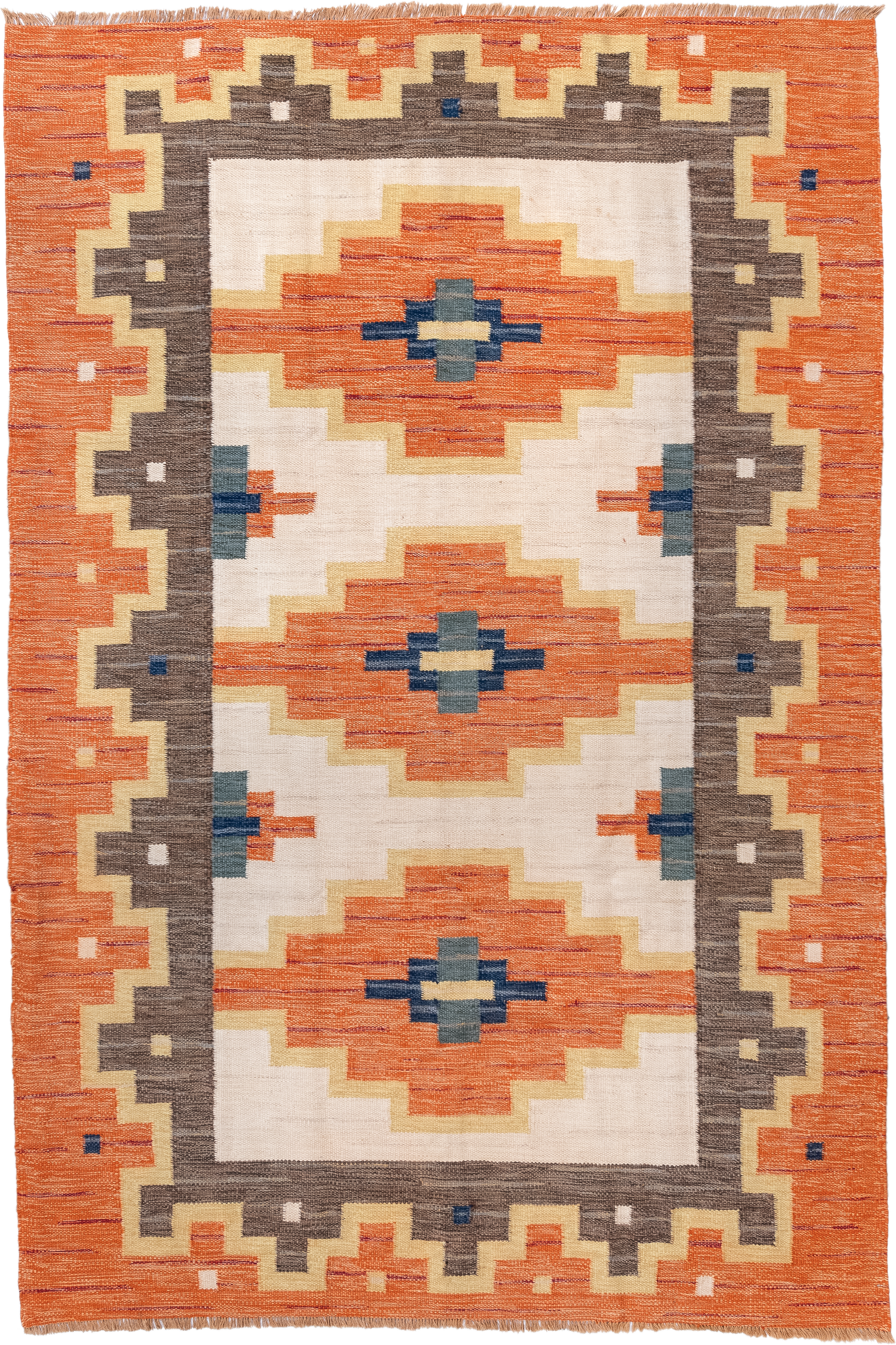 6' x 9' one-of-a-kind handmade antique Rollaken medium size rug. Color palette: orange, ivory, taupe, gold, navy, slate