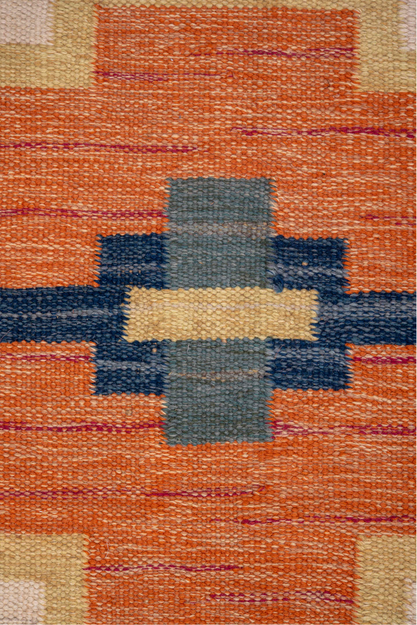 6' x 9' one-of-a-kind handmade antique Rollaken medium size rug. Color palette: orange, ivory, taupe, gold, navy, slate