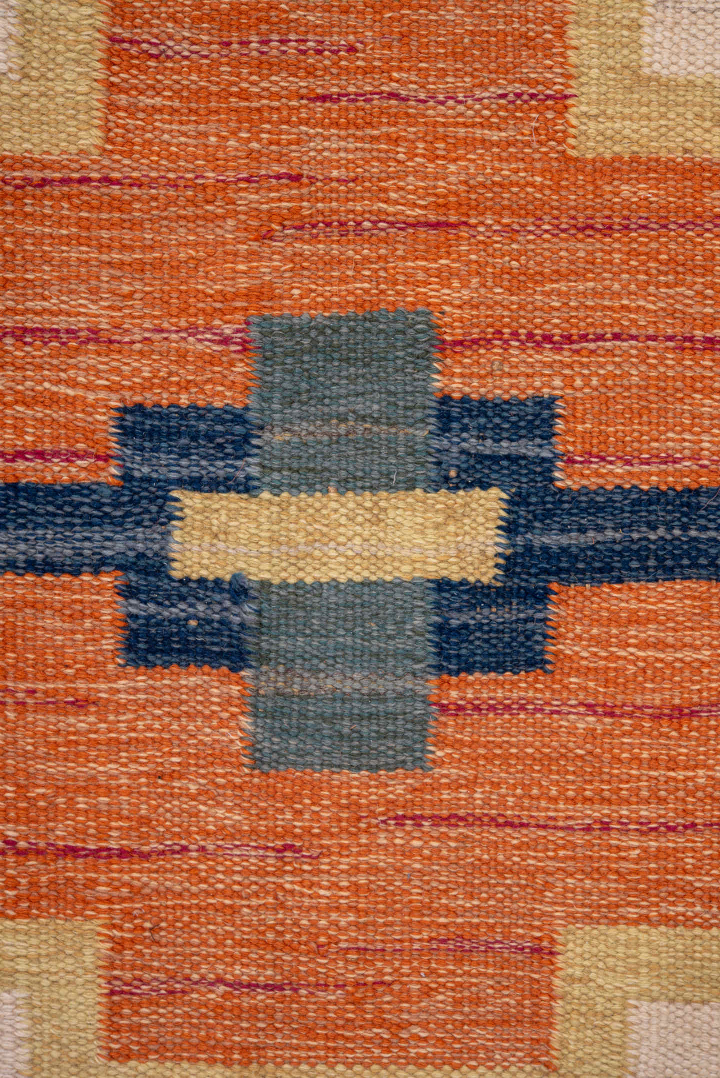 6' x 9' one-of-a-kind handmade antique Rollaken medium size rug. Color palette: orange, ivory, taupe, gold, navy, slate