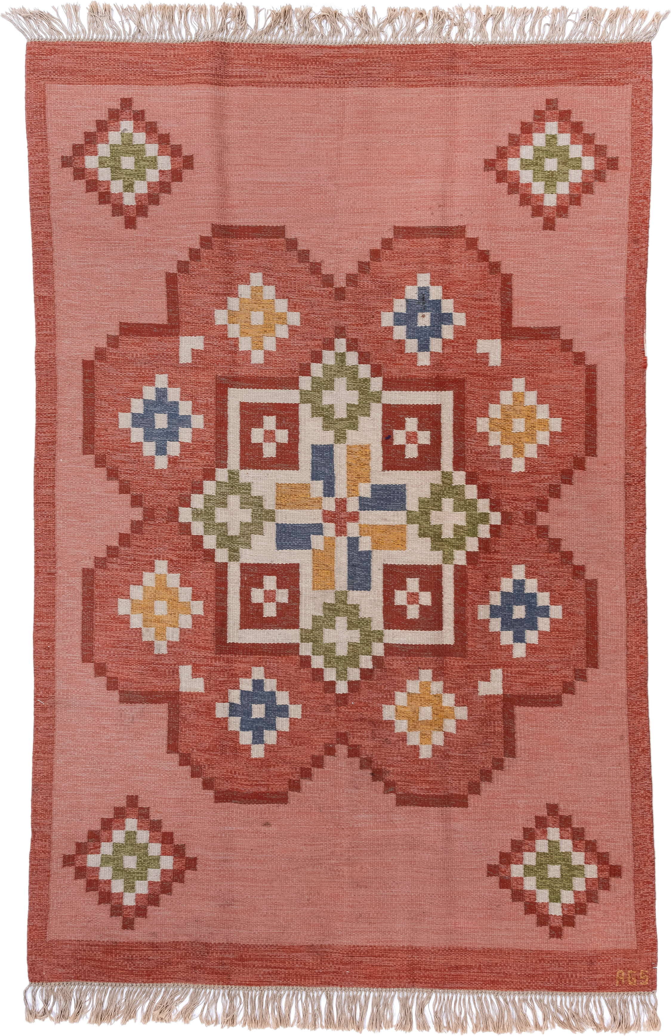 6' x 10' one-of-a-kind handmade antique Rollaken large size rug. Color palette: rose, terra cotta, ivory, olive, slate, gold
