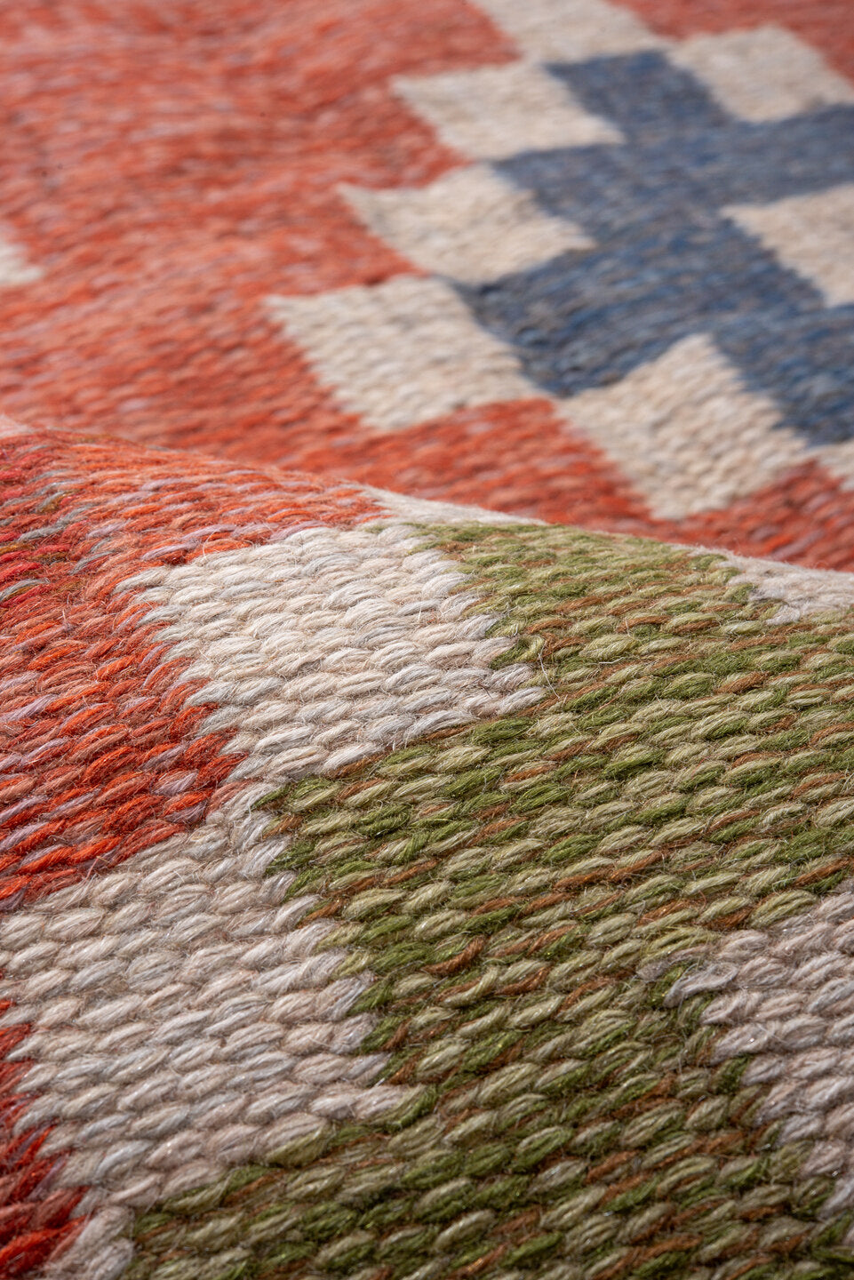 6' x 10' one-of-a-kind handmade vintage Rollaken large size rug. Color palette: blue, brown, gray, light gray