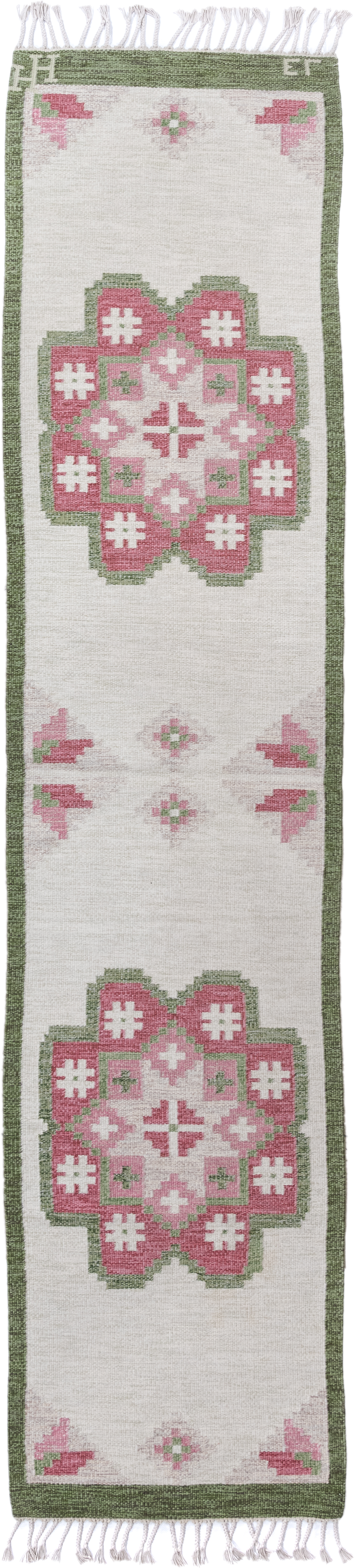 2' x 12' one-of-a-kind handmade antique Kilim runner rug. Color palette: ivory, sage, rose, blush, cream, green, pink, red