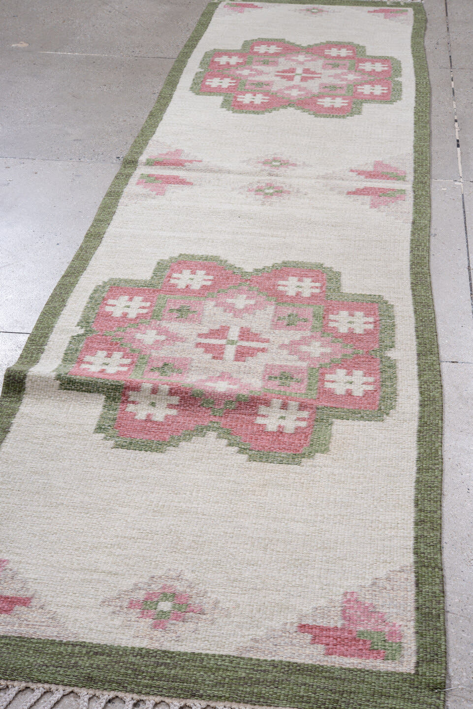 2' x 12' one-of-a-kind handmade antique Kilim runner rug. Color palette: ivory, sage, rose, blush, cream, green, pink, red