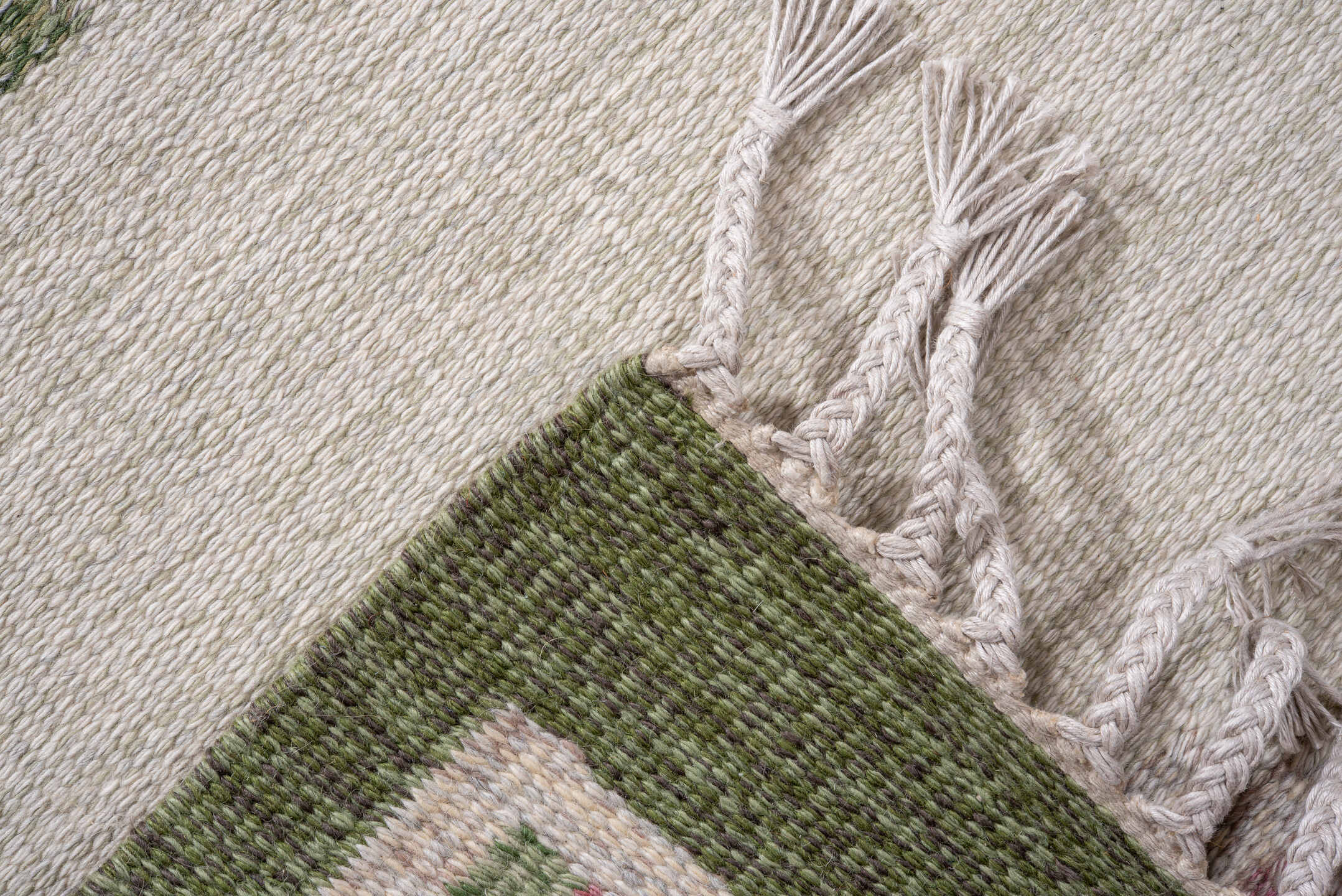 2' x 12' one-of-a-kind handmade antique Kilim runner rug. Color palette: ivory, sage, rose, blush, cream, green, pink, red
