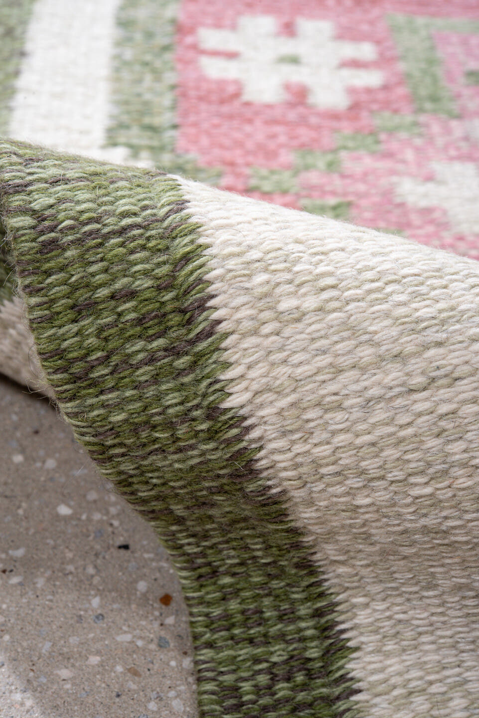 2' x 12' one-of-a-kind handmade antique Kilim runner rug. Color palette: ivory, sage, rose, blush, cream, green, pink, red