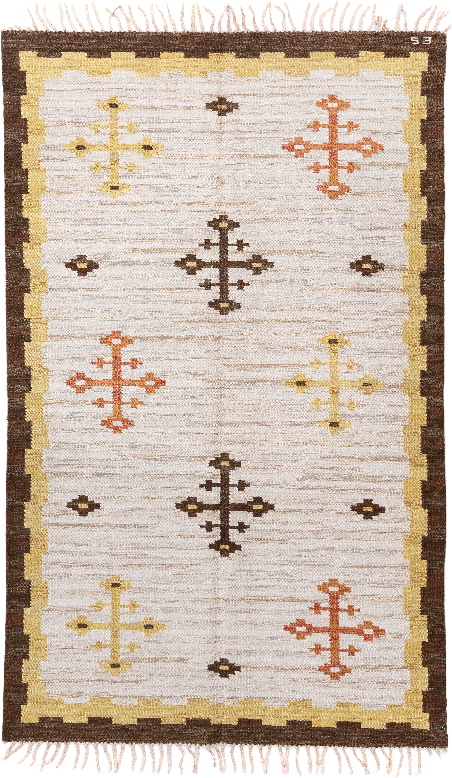 4' x 7' one-of-a-kind handmade antique Rollaken rug. Color palette: ivory, brown, gold, rust, camel, terracotta, beige