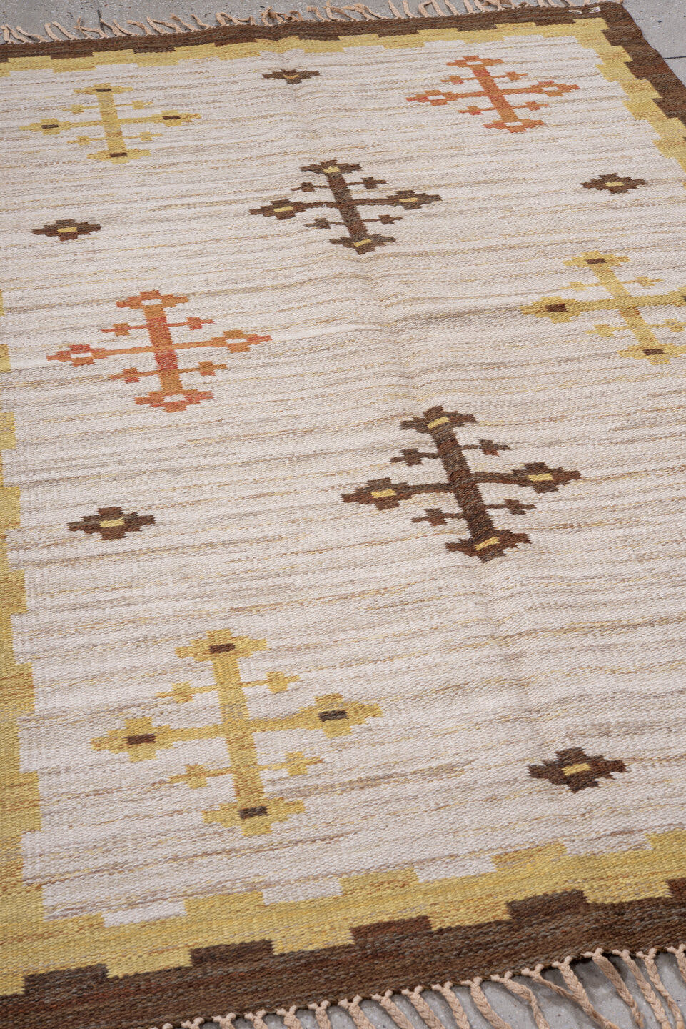 4' x 7' one-of-a-kind handmade antique Rollaken rug. Color palette: ivory, brown, gold, rust, camel, terracotta, beige