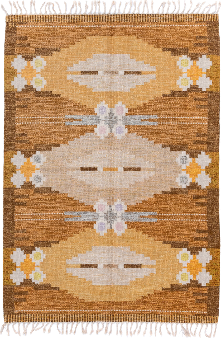 5' x 7' one-of-a-kind handmade antique Rollaken rug. Color palette: brown, camel, ivory, gold, mustard, gray, lavender