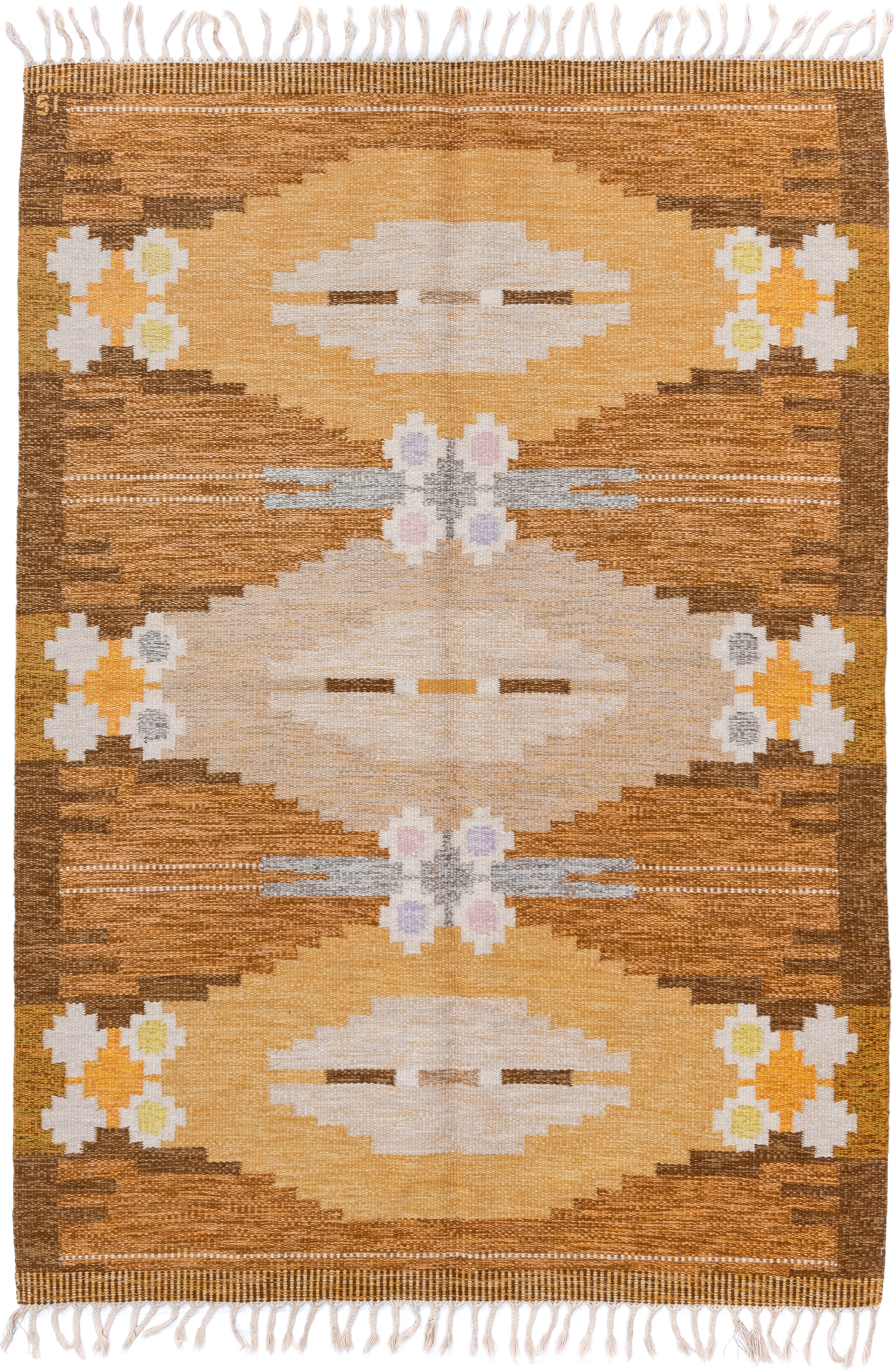 5' x 7' one-of-a-kind handmade antique Rollaken rug. Color palette: brown, camel, ivory, gold, mustard, gray, lavender