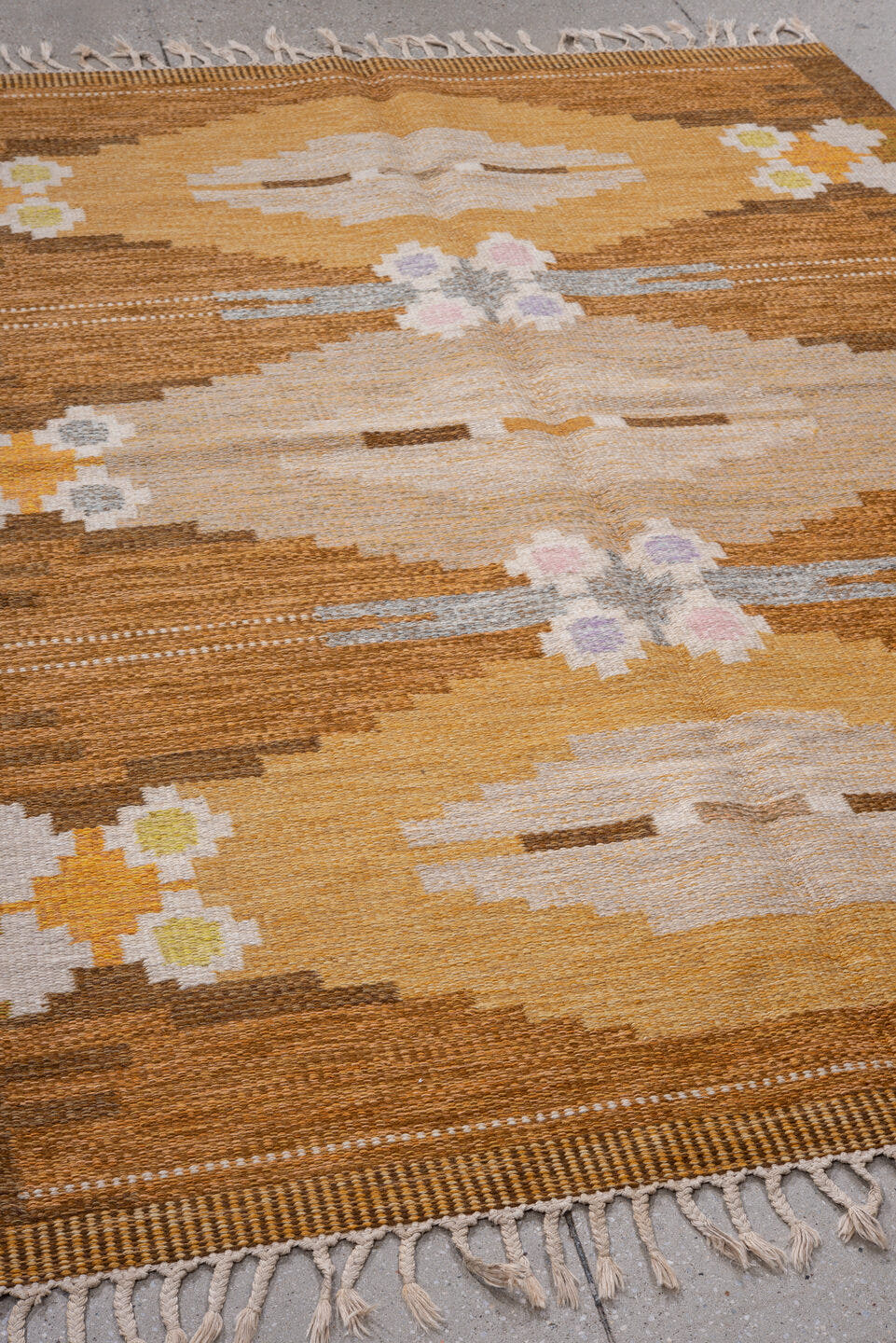 5' x 7' one-of-a-kind handmade antique Rollaken rug. Color palette: brown, camel, ivory, gold, mustard, gray, lavender