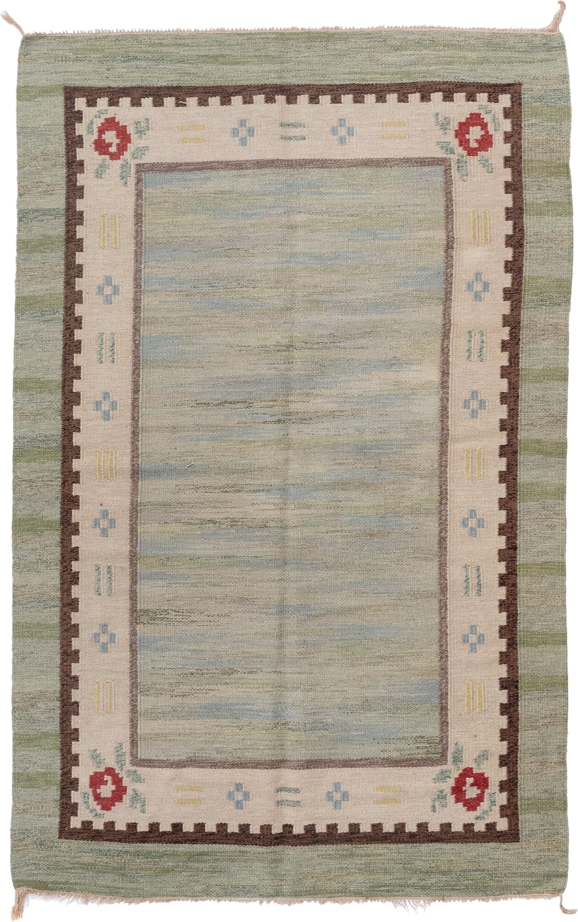 5' x 8' one-of-a-kind handmade antique Rollaken medium size rug. Color palette: sage, ivory, sky blue, brown, rose