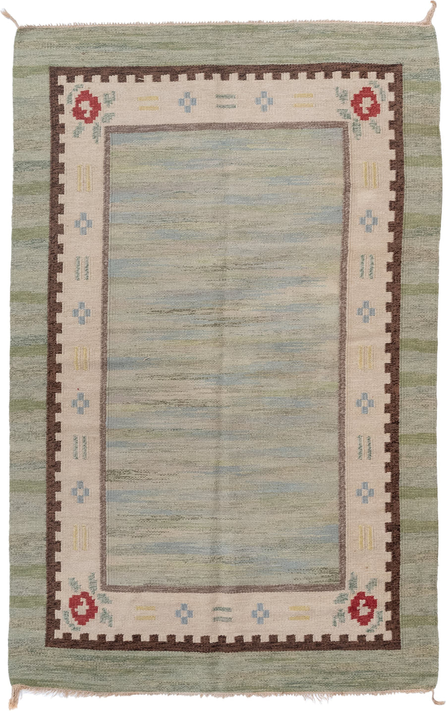5' x 8' one-of-a-kind handmade antique Rollaken medium size rug. Color palette: sage, ivory, sky blue, brown, rose