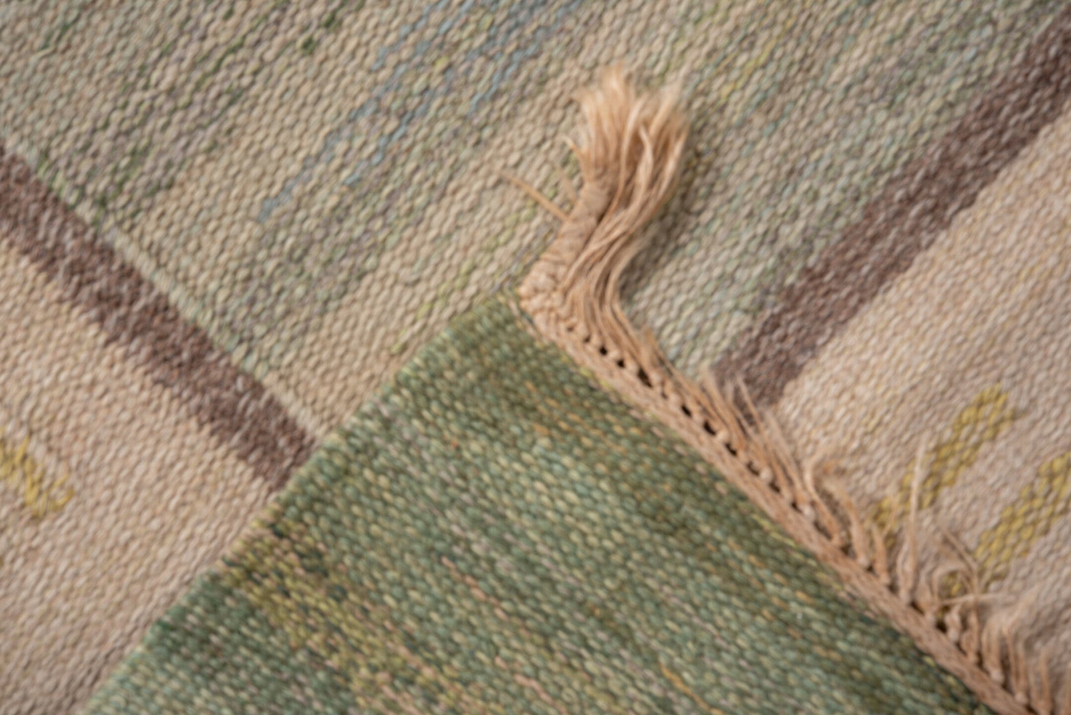 5' x 8' one-of-a-kind handmade antique Rollaken medium size rug. Color palette: sage, ivory, sky blue, brown, rose