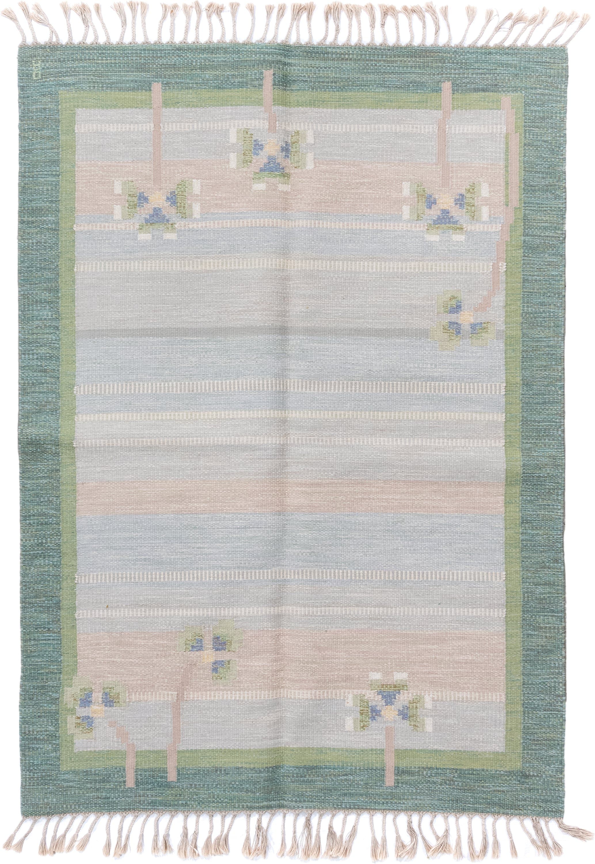 5' x 7' one-of-a-kind handmade antique Rollaken rug. Color palette: pale blue, seafoam, blush, ivory, sage, teal