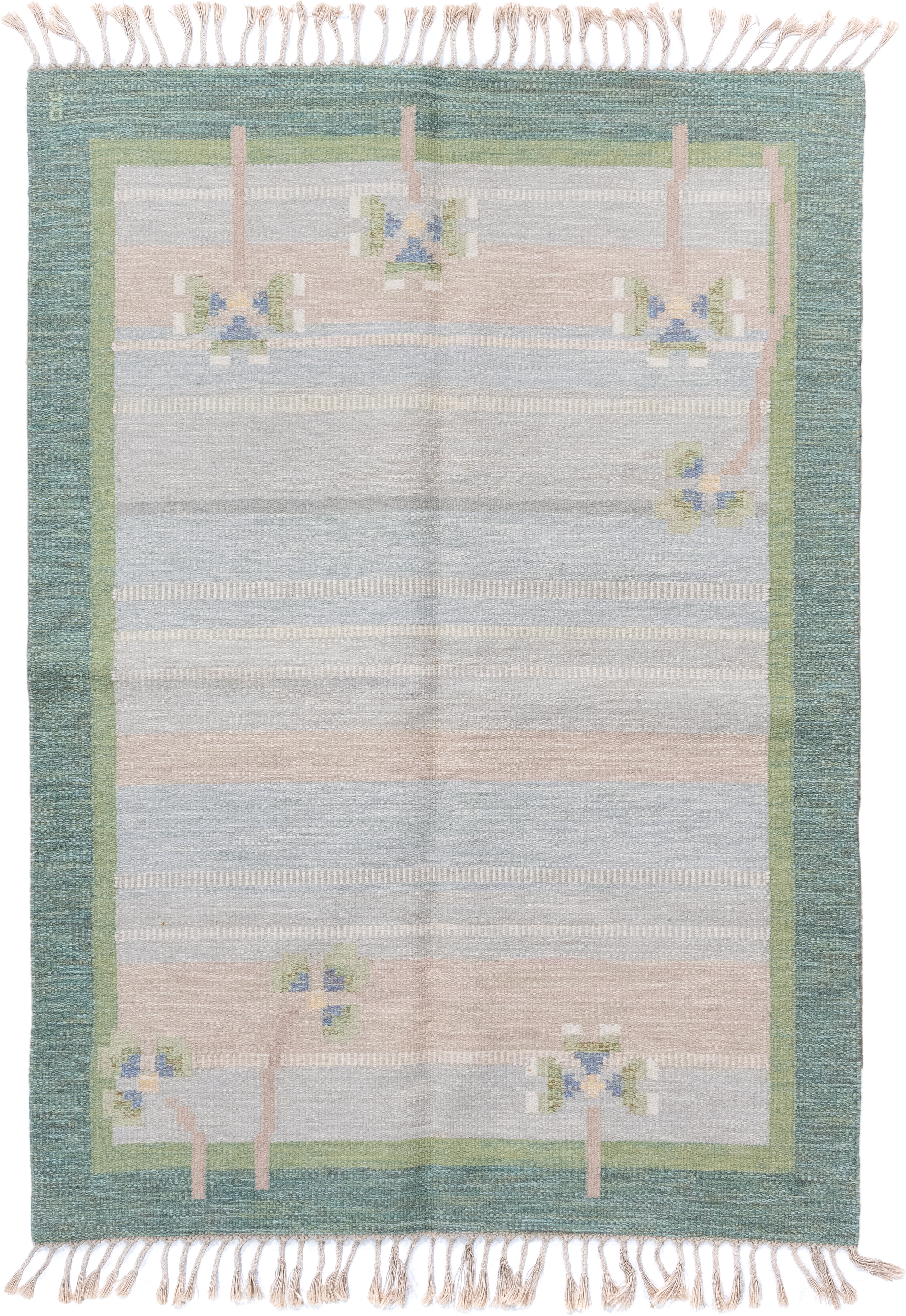 5' x 7' one-of-a-kind handmade antique Rollaken rug. Color palette: pale blue, seafoam, blush, ivory, sage, teal