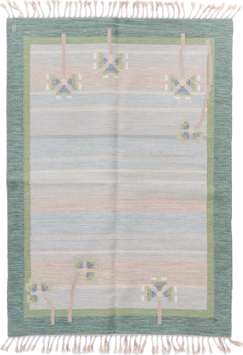 5' x 7' one-of-a-kind handmade antique Rollaken rug. Color palette: pale blue, seafoam, blush, ivory, sage, teal