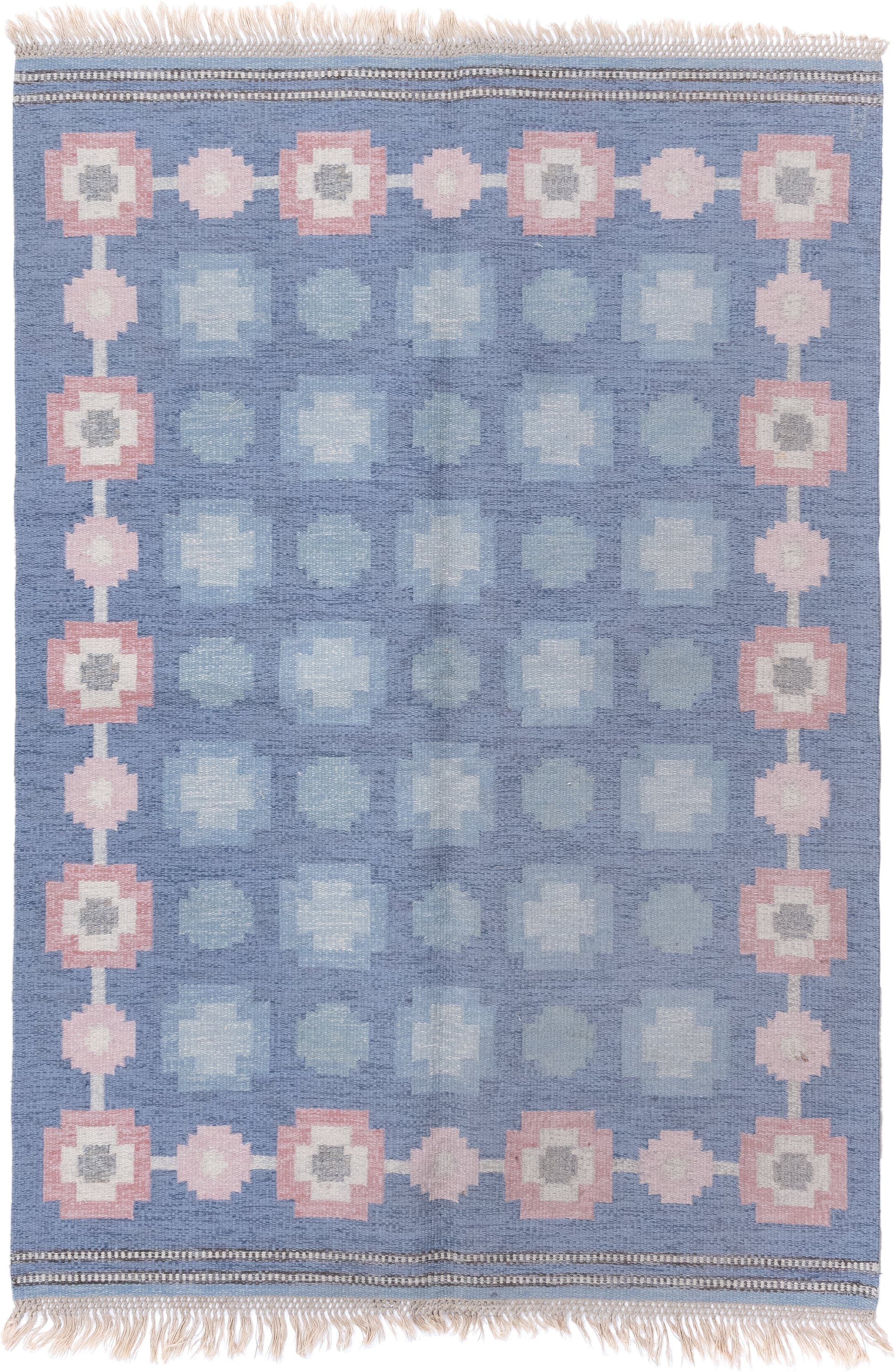 5' x 8' one-of-a-kind handmade antique Kilim medium size rug. Color palette: blue, blush, ivory, pale blue, gray, taupe