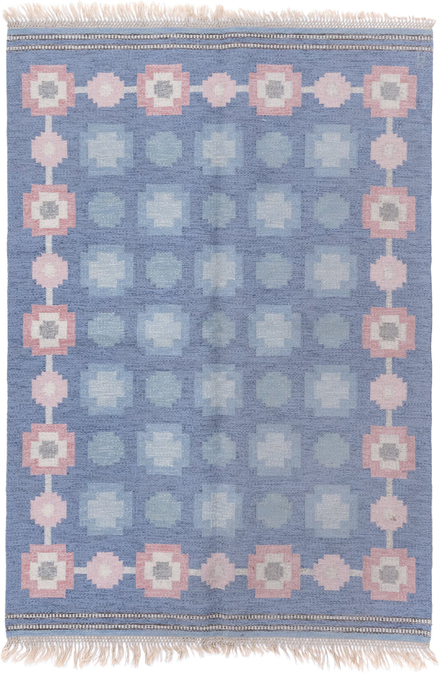 5' x 8' one-of-a-kind handmade antique Kilim medium size rug. Color palette: blue, blush, ivory, pale blue, gray, taupe
