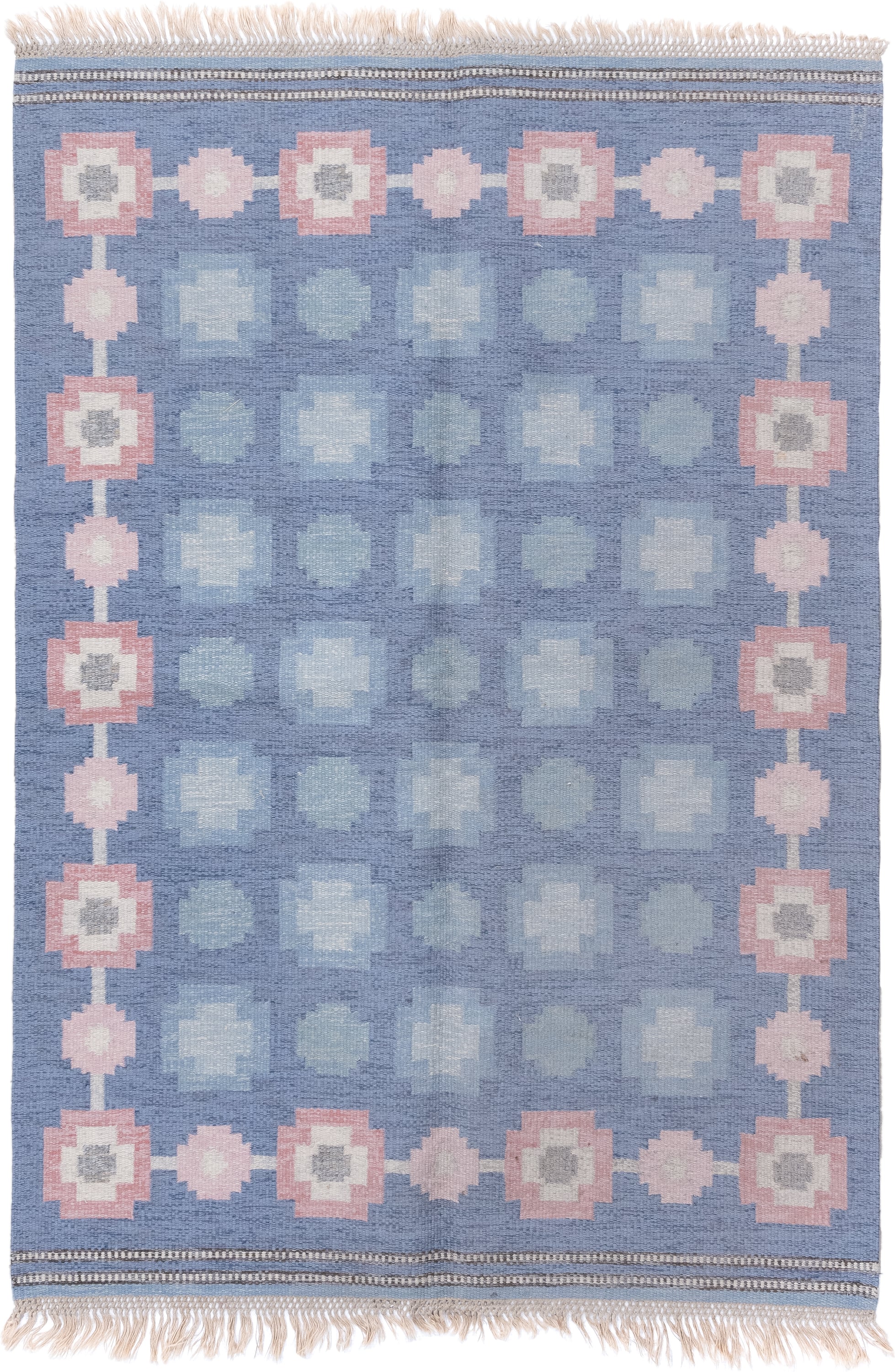 5' x 8' one-of-a-kind handmade antique Kilim medium size rug. Color palette: blue, blush, ivory, pale blue, gray, taupe