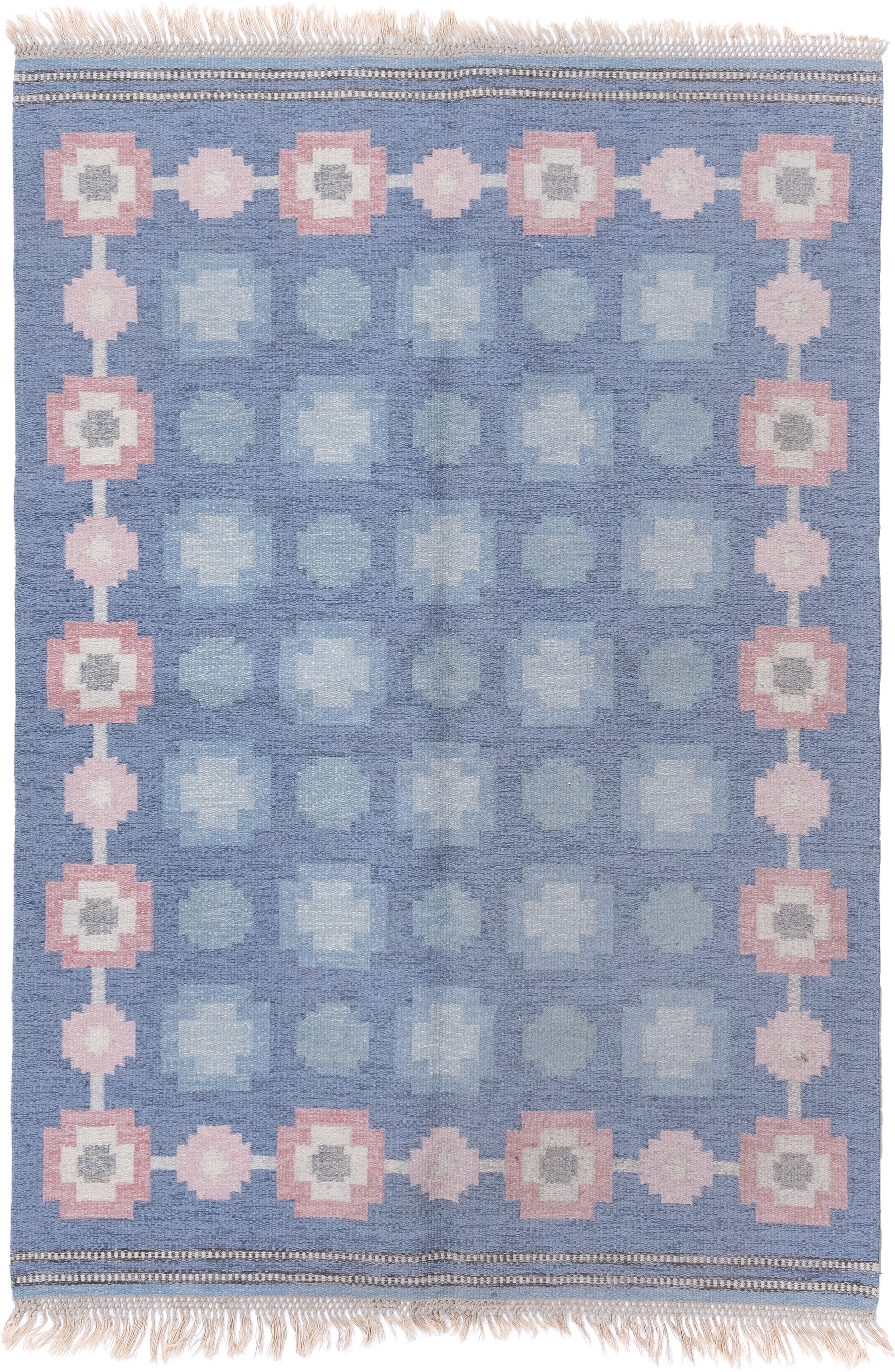 5' x 8' one-of-a-kind handmade antique Kilim medium size rug. Color palette: blue, blush, ivory, pale blue, gray, taupe