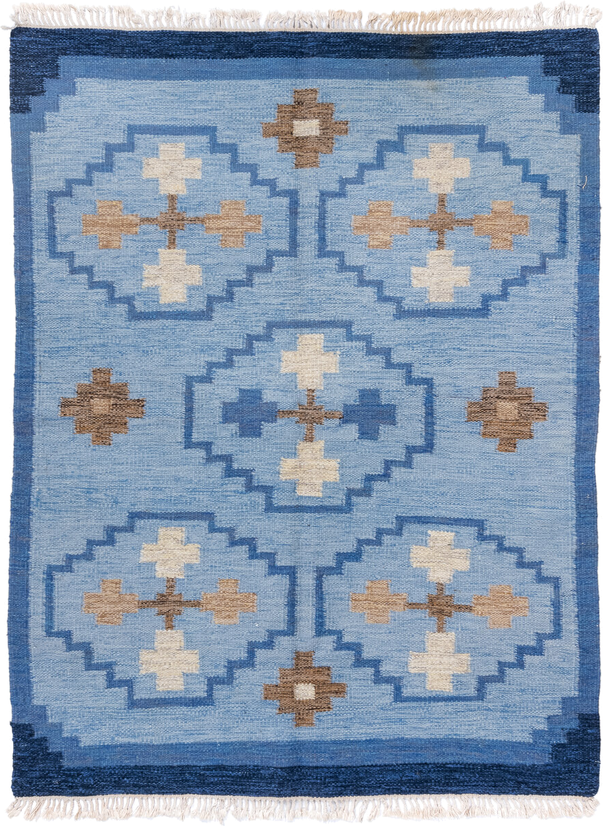 5' x 7' one-of-a-kind handmade antique Rollaken rug. Color palette: sky blue, navy, ivory, taupe, slate blue, light blue